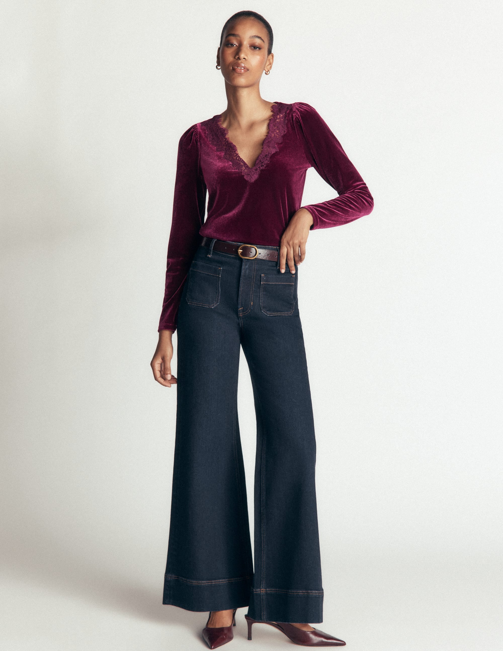 Lace Trim V-Neck Velvet Top-Beetroot Red - Image 1