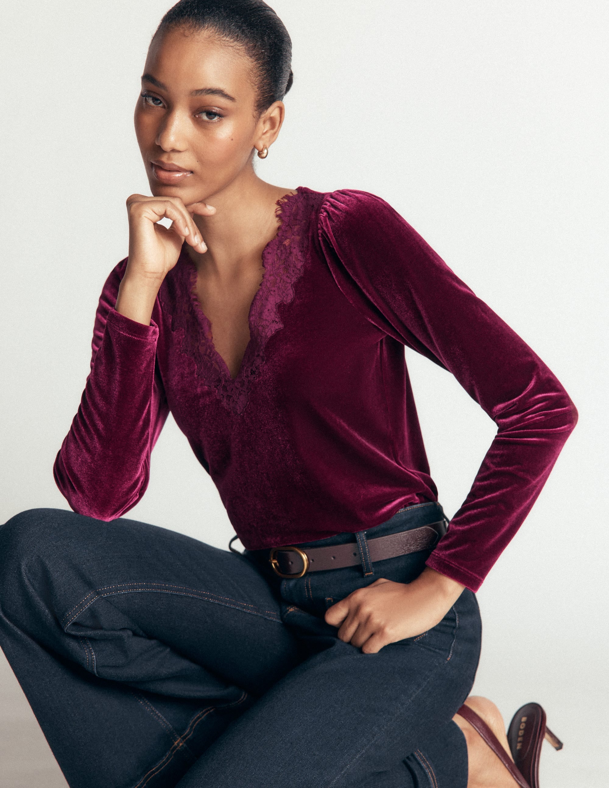 Lace Trim V-Neck Velvet Top-Beetroot Red - Image 4