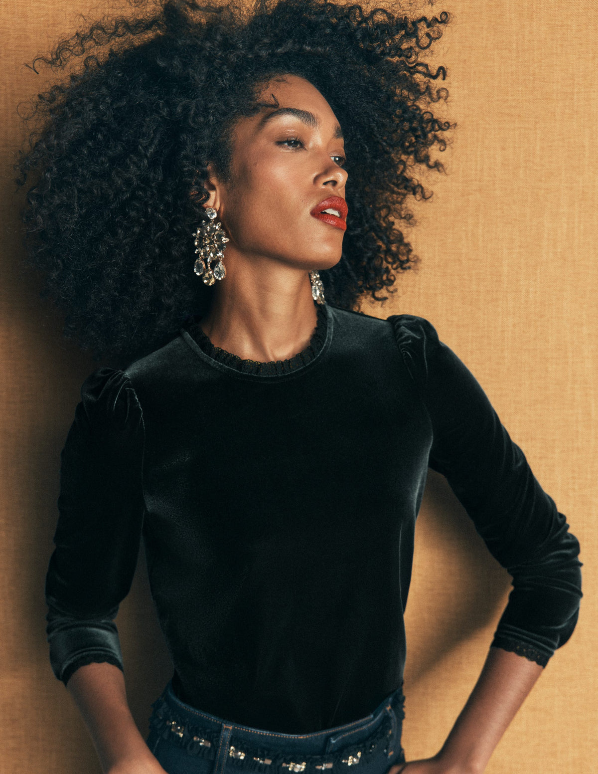 Lace Trim Velvet Top-Midnight Emerald - Image 1