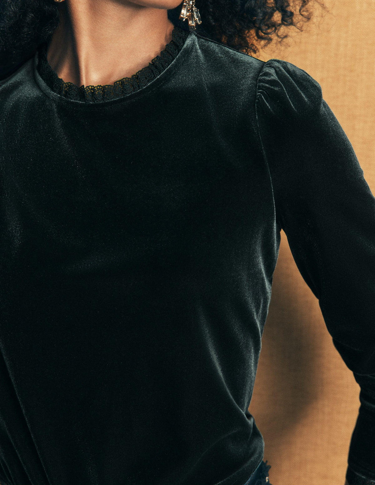 Lace Trim Velvet Top-Midnight Emerald-2