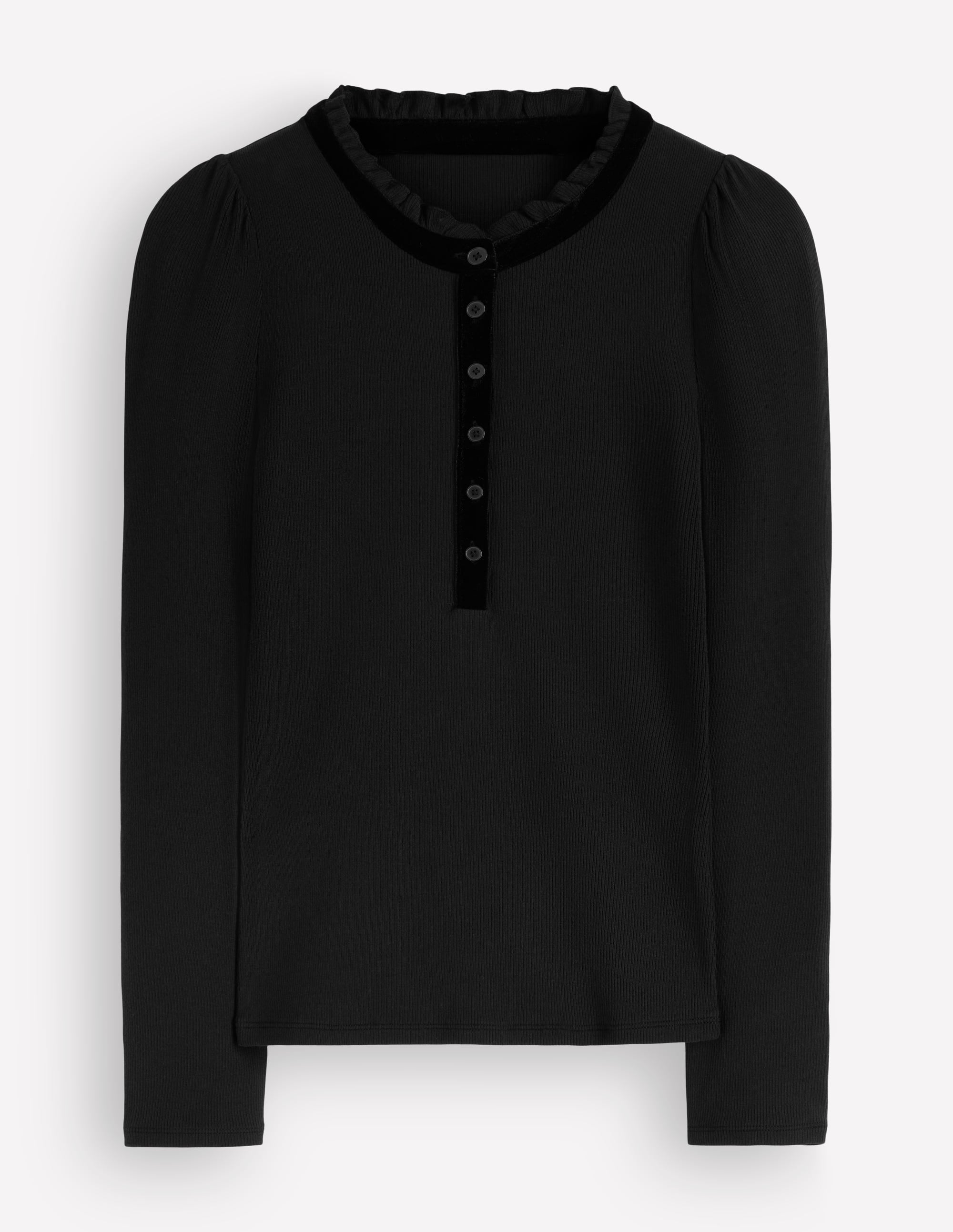 Velvet Ruffle Trim Henley Top-Black - Image 4