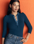 Velvet Ruffle Trim Henley Top-Sailor Blue
