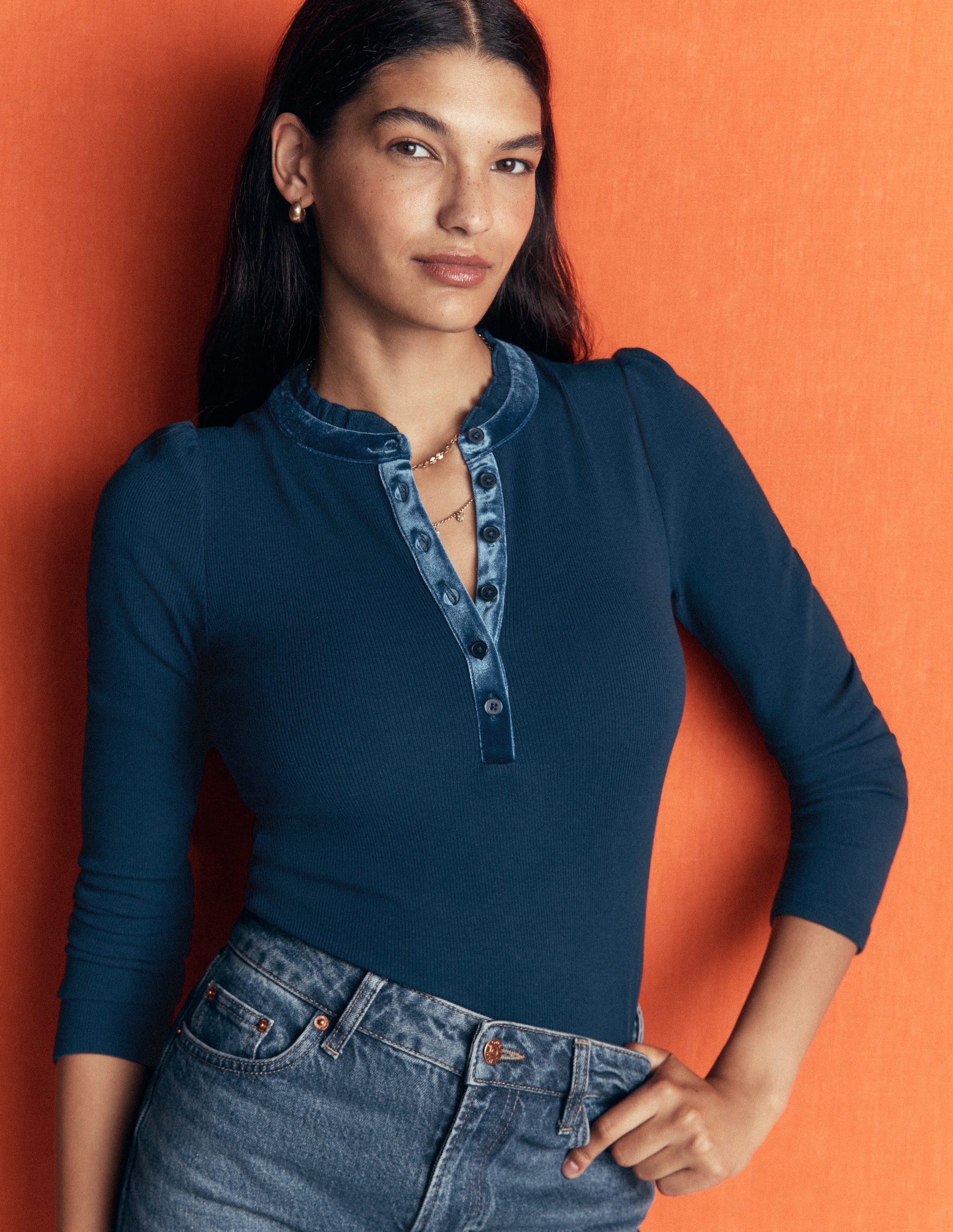 Velvet Ruffle Trim Henley Top-Sailor Blue-1