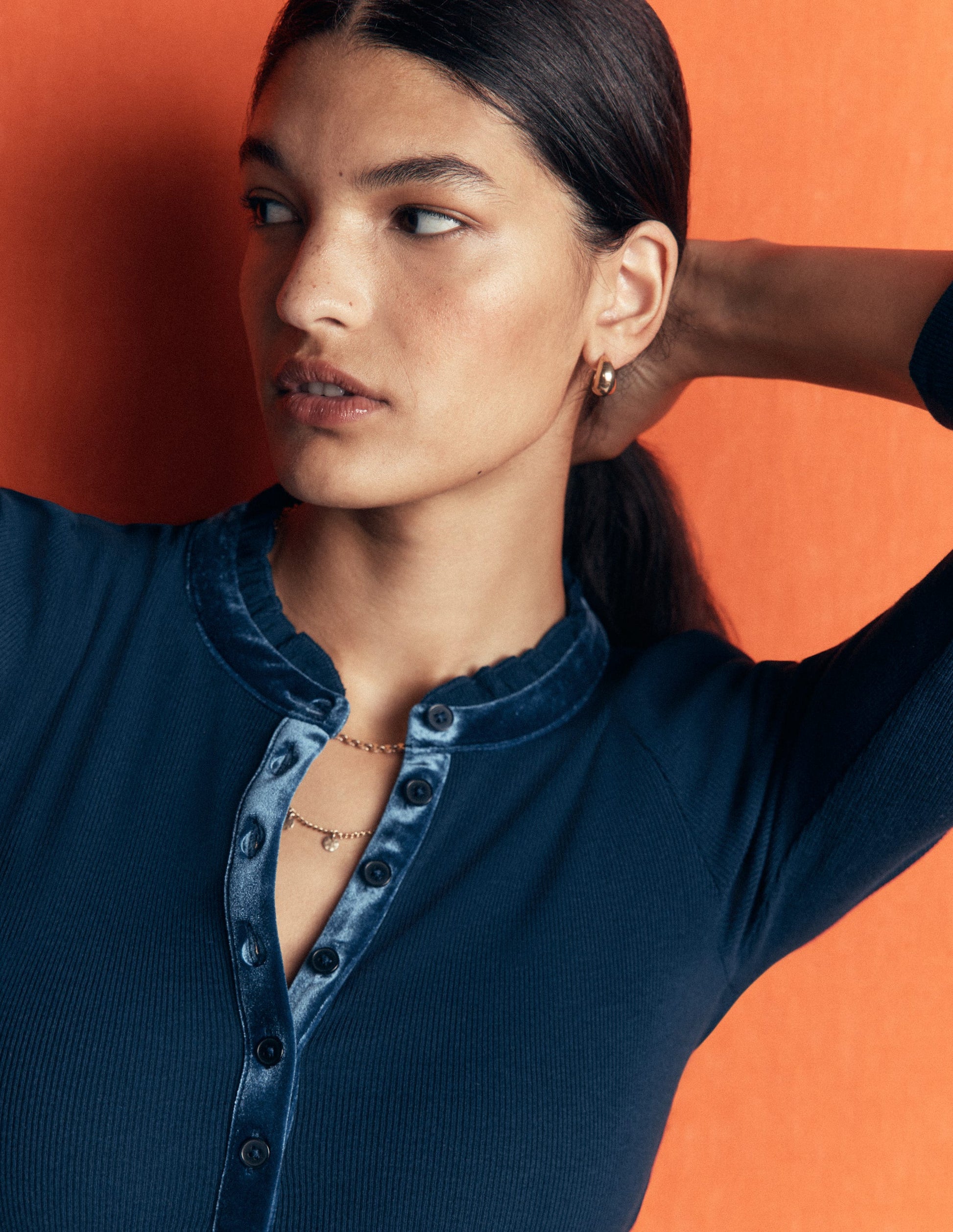 Velvet Ruffle Trim Henley Top-Sailor Blue-2