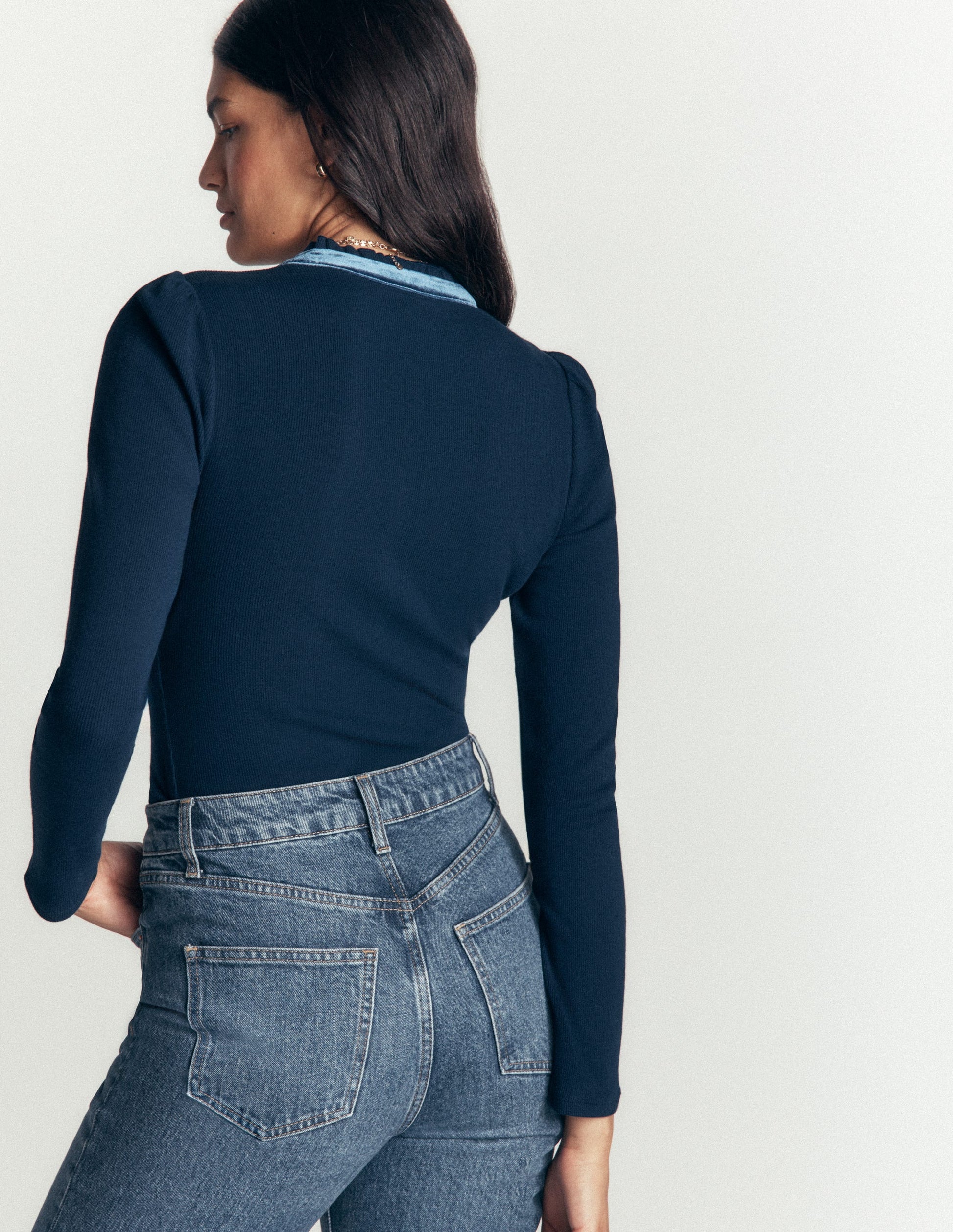 Velvet Ruffle Trim Henley Top-Sailor Blue-3