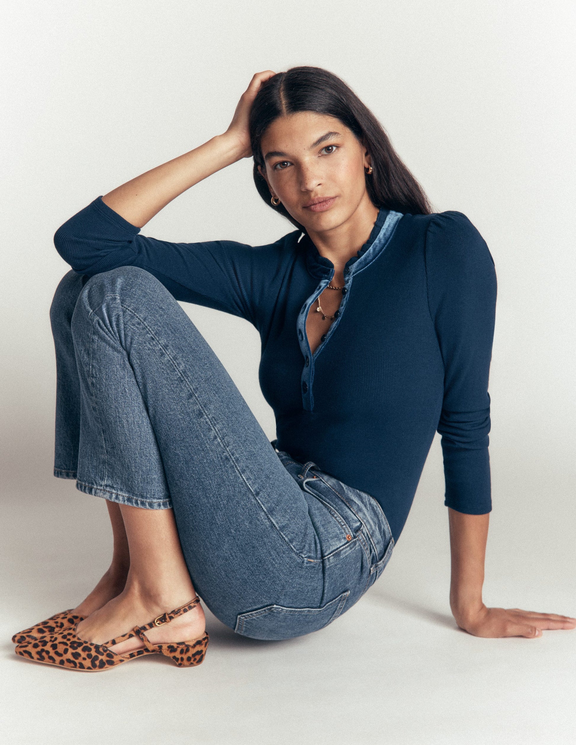 Velvet Ruffle Trim Henley Top-Sailor Blue-5