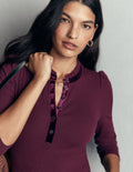 Velvet Ruffle Trim Henley Top-Dark Cherry