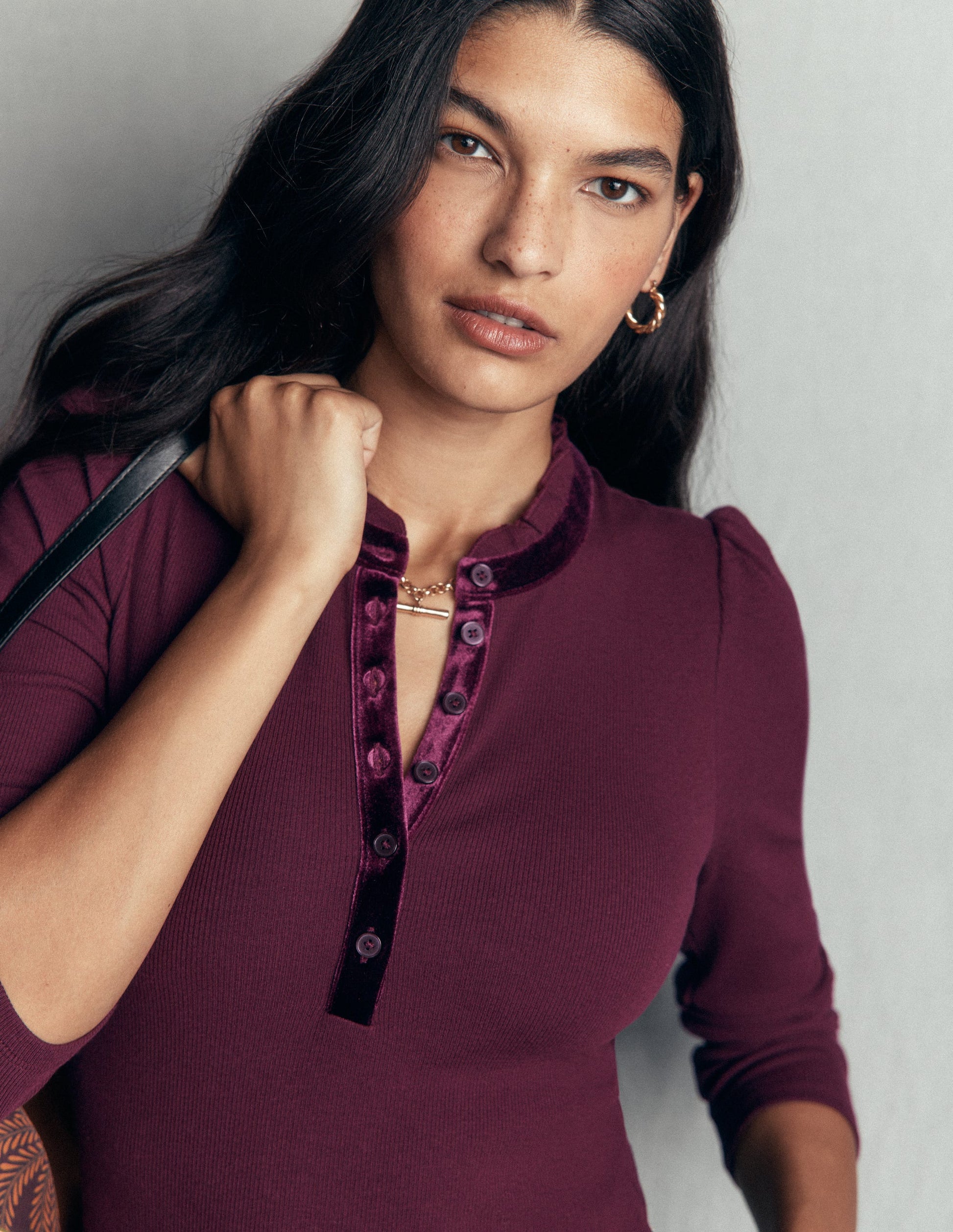 Velvet Ruffle Trim Henley Top-Dark Cherry-1