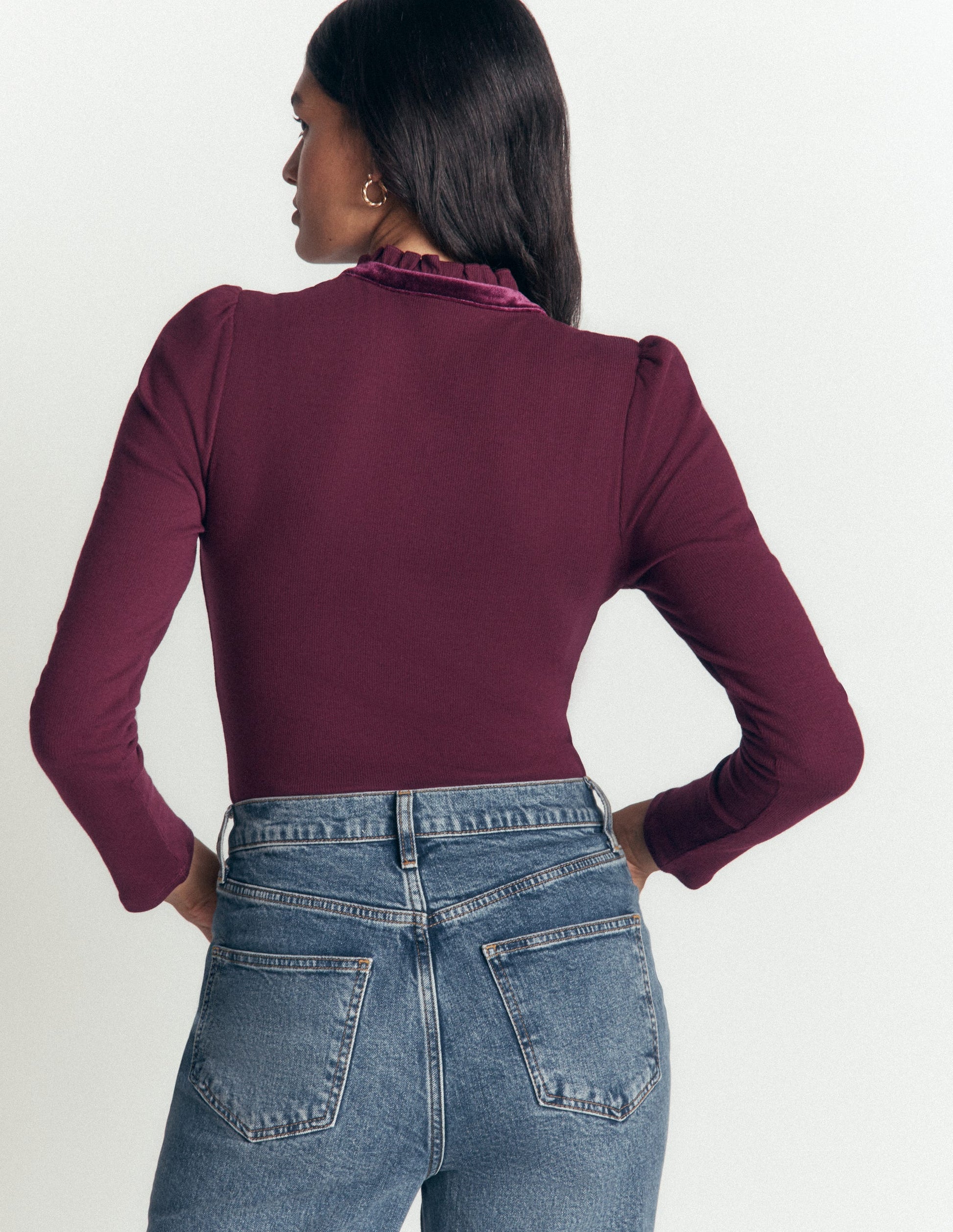 Velvet Ruffle Trim Henley Top-Dark Cherry-3