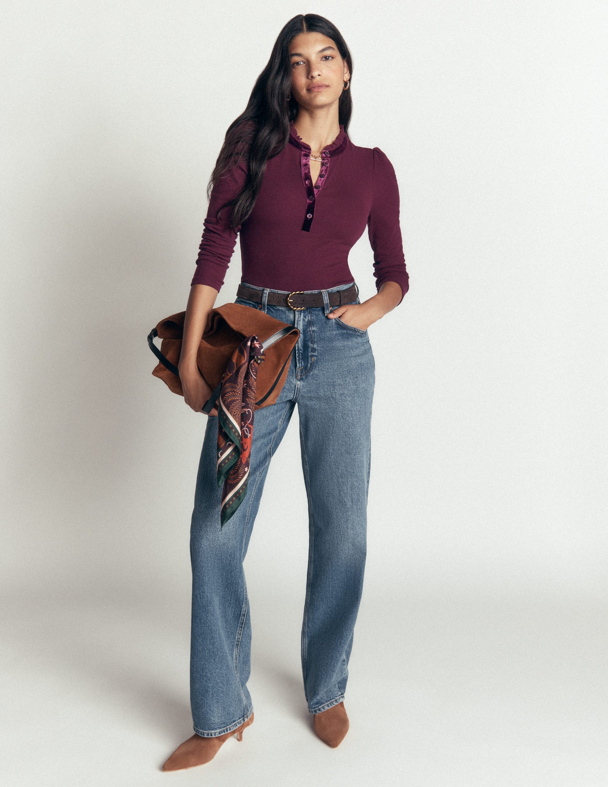 Velvet Ruffle Trim Henley Top-Dark Cherry-4