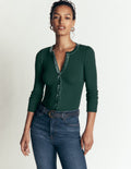 Velvet Trim Ribbed Cardigan-Green Pine