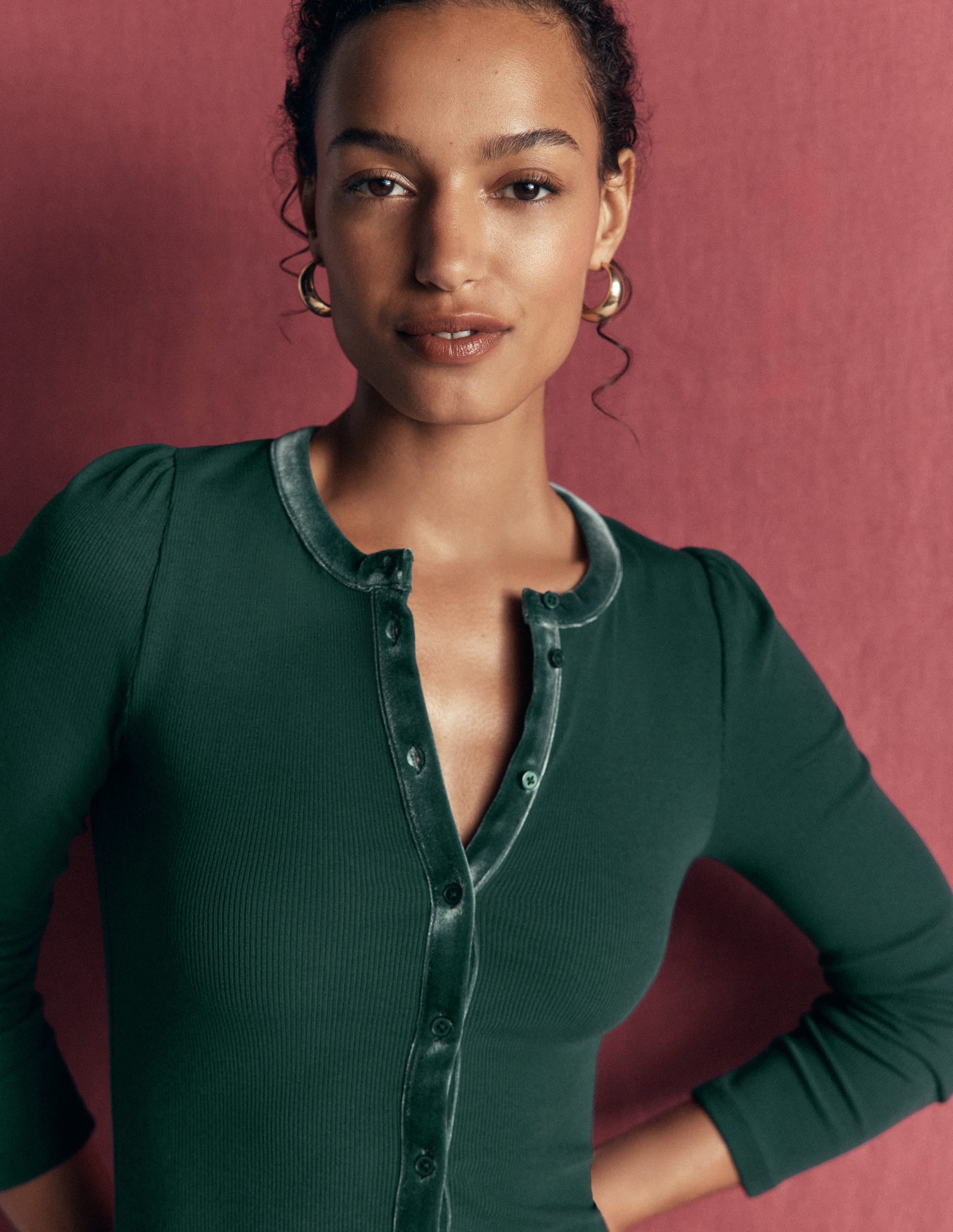 Velvet Trim Ribbed Cardigan-Green Pine - Image 2