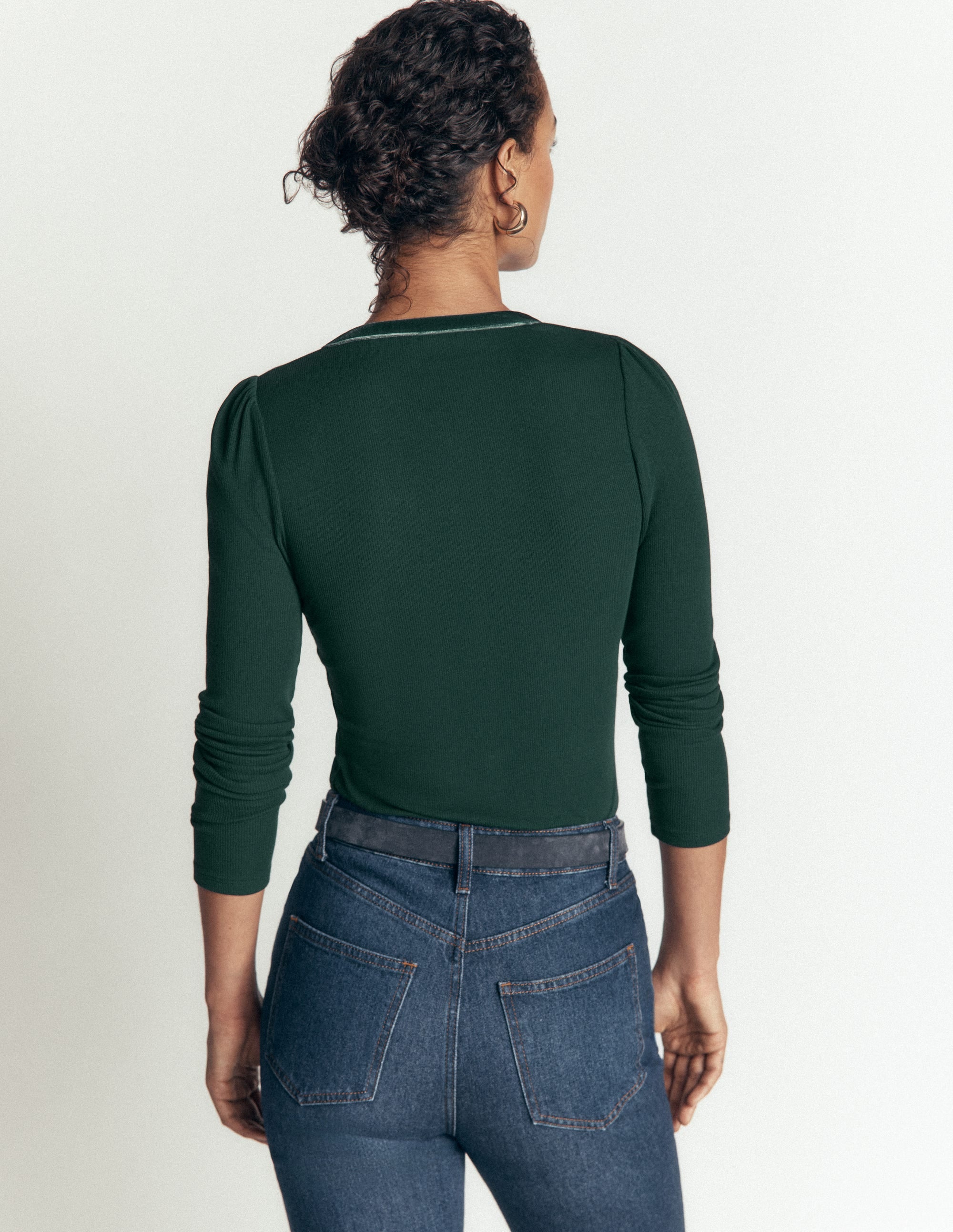 Velvet Trim Ribbed Cardigan-Green Pine - Image 3