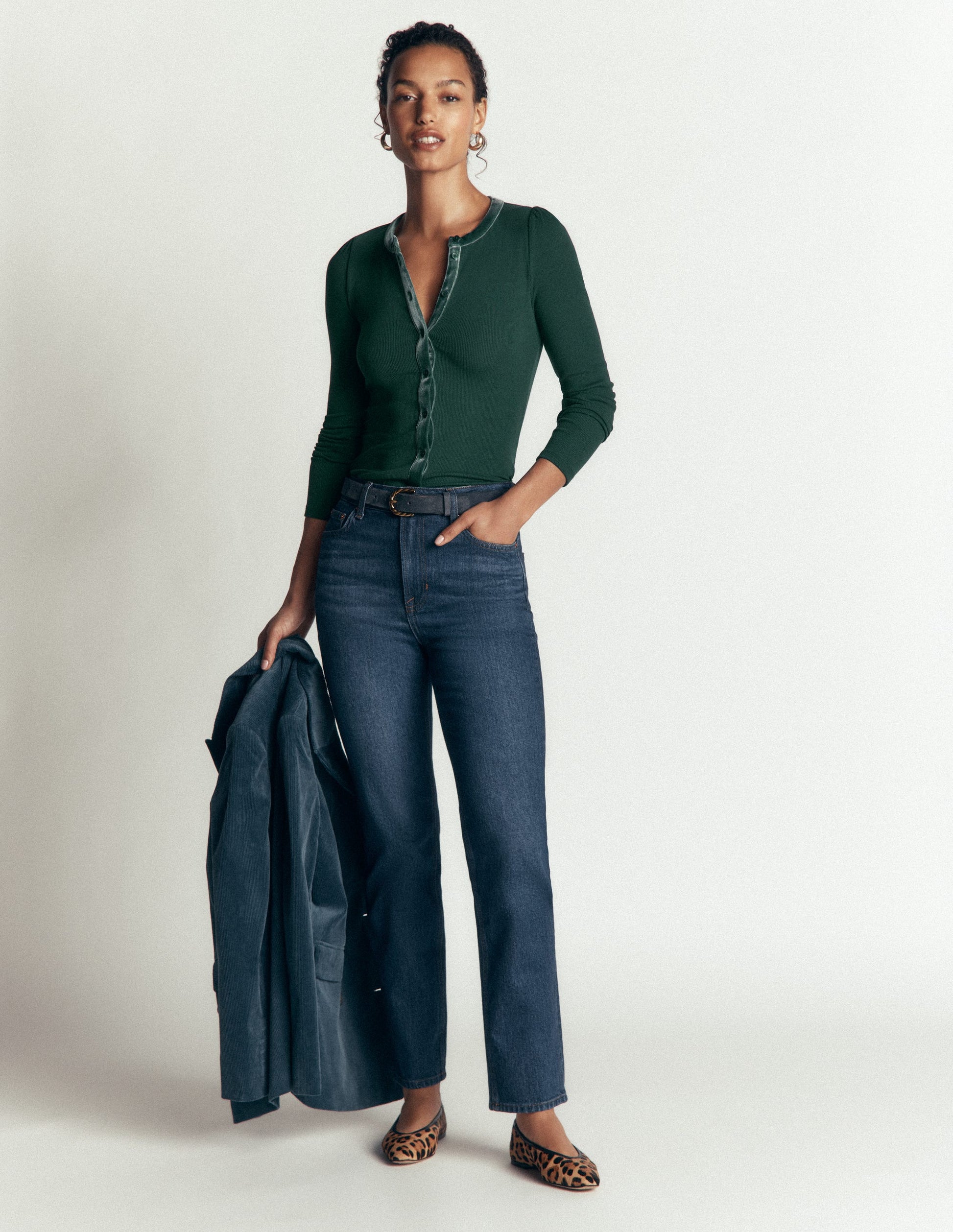 Velvet Trim Ribbed Cardigan-Green Pine-4