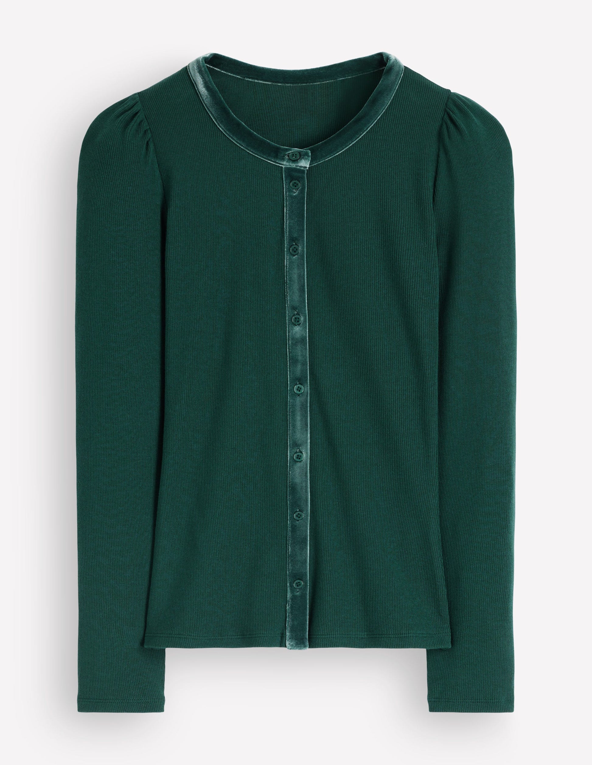 Velvet Trim Ribbed Cardigan-Green Pine-5