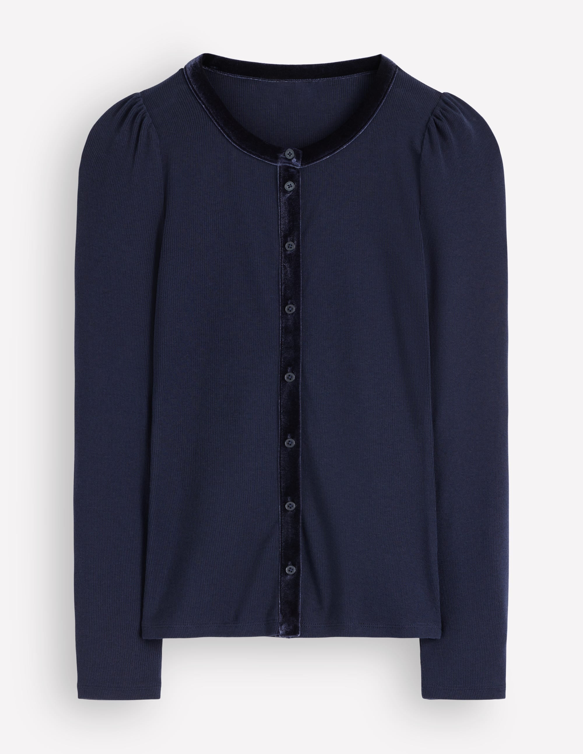 Velvet Trim Ribbed Cardigan-Navy - Image 3