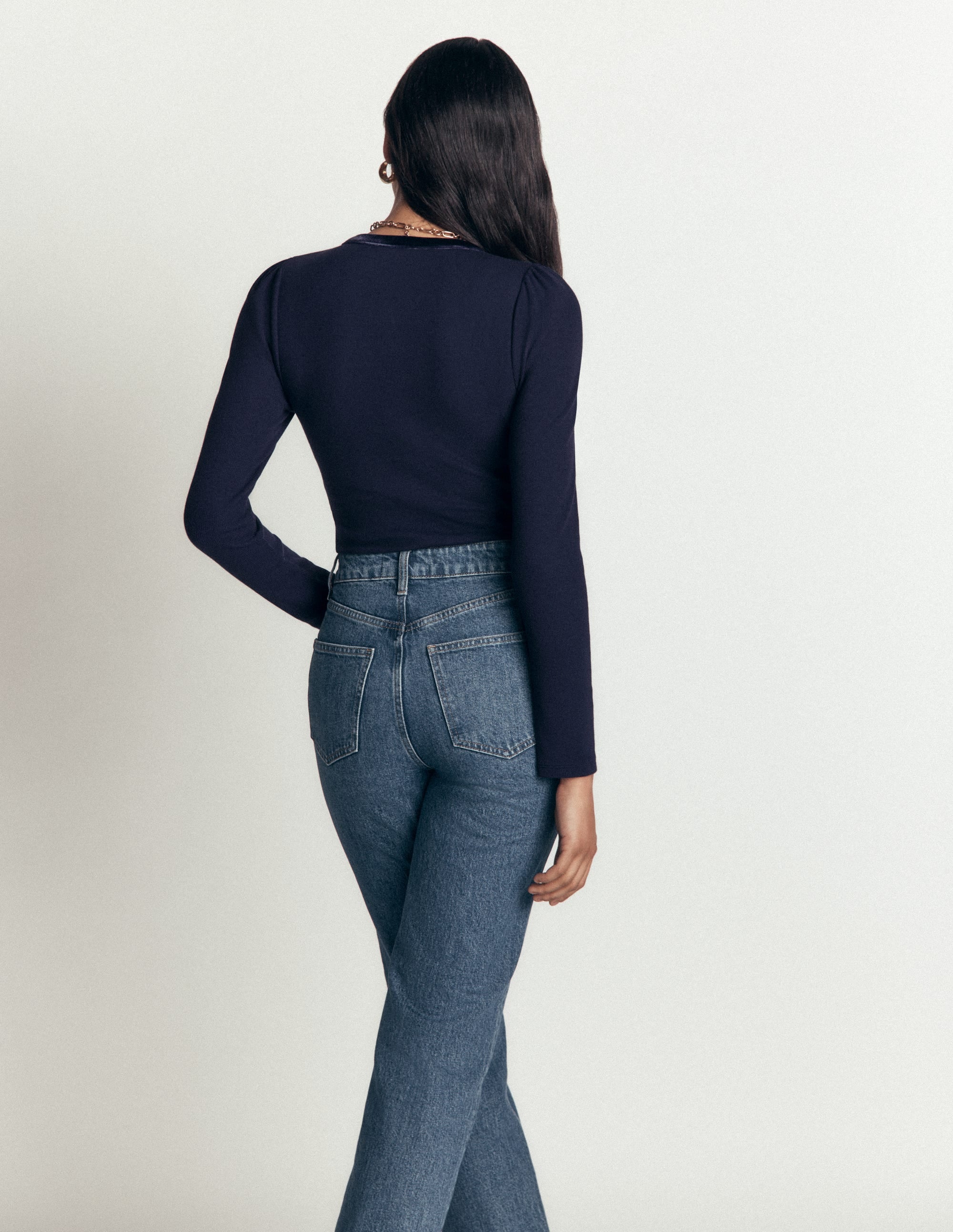 Velvet Trim Ribbed Cardigan-Navy - Image 1