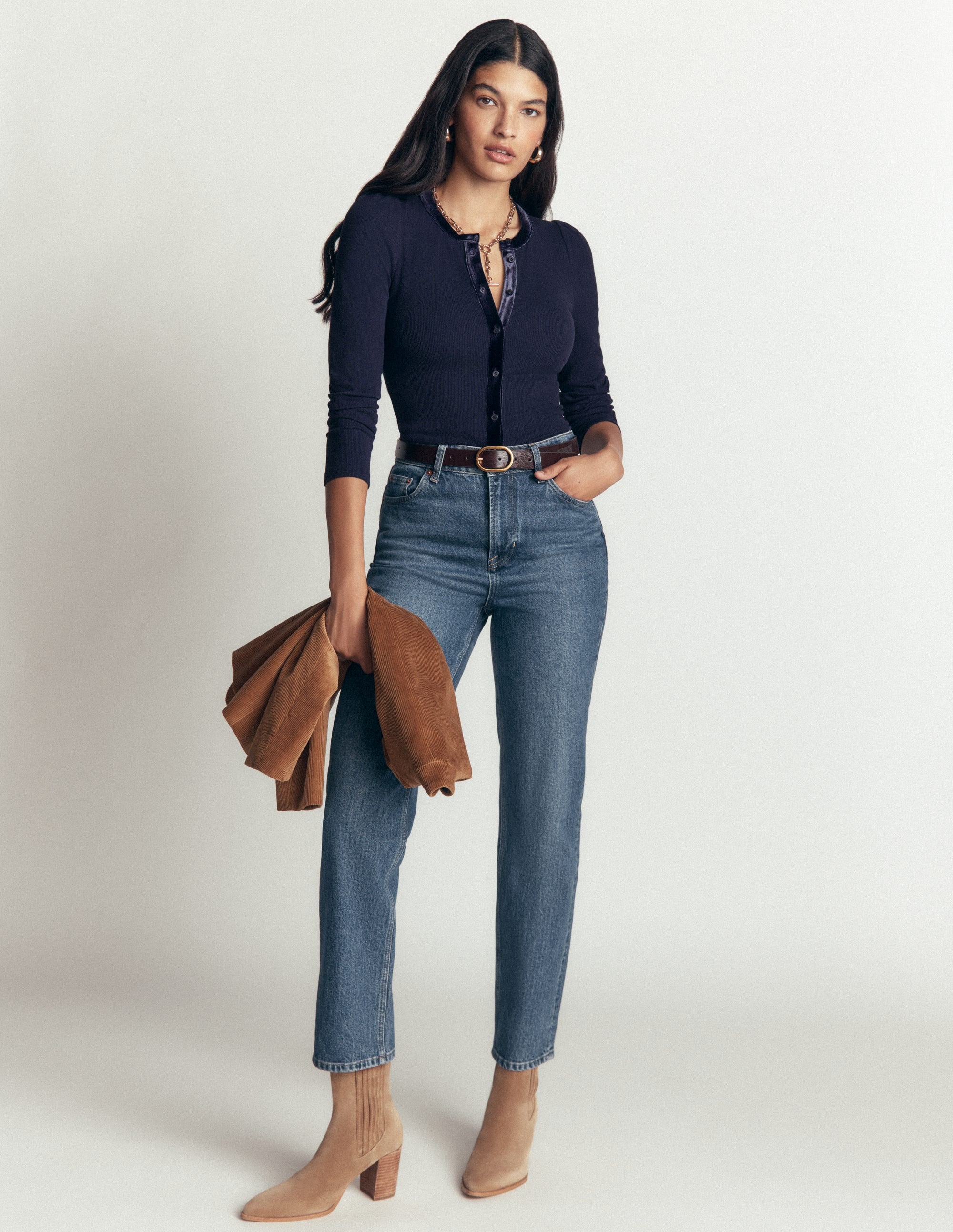 Velvet Trim Ribbed Cardigan-Navy - Image 2