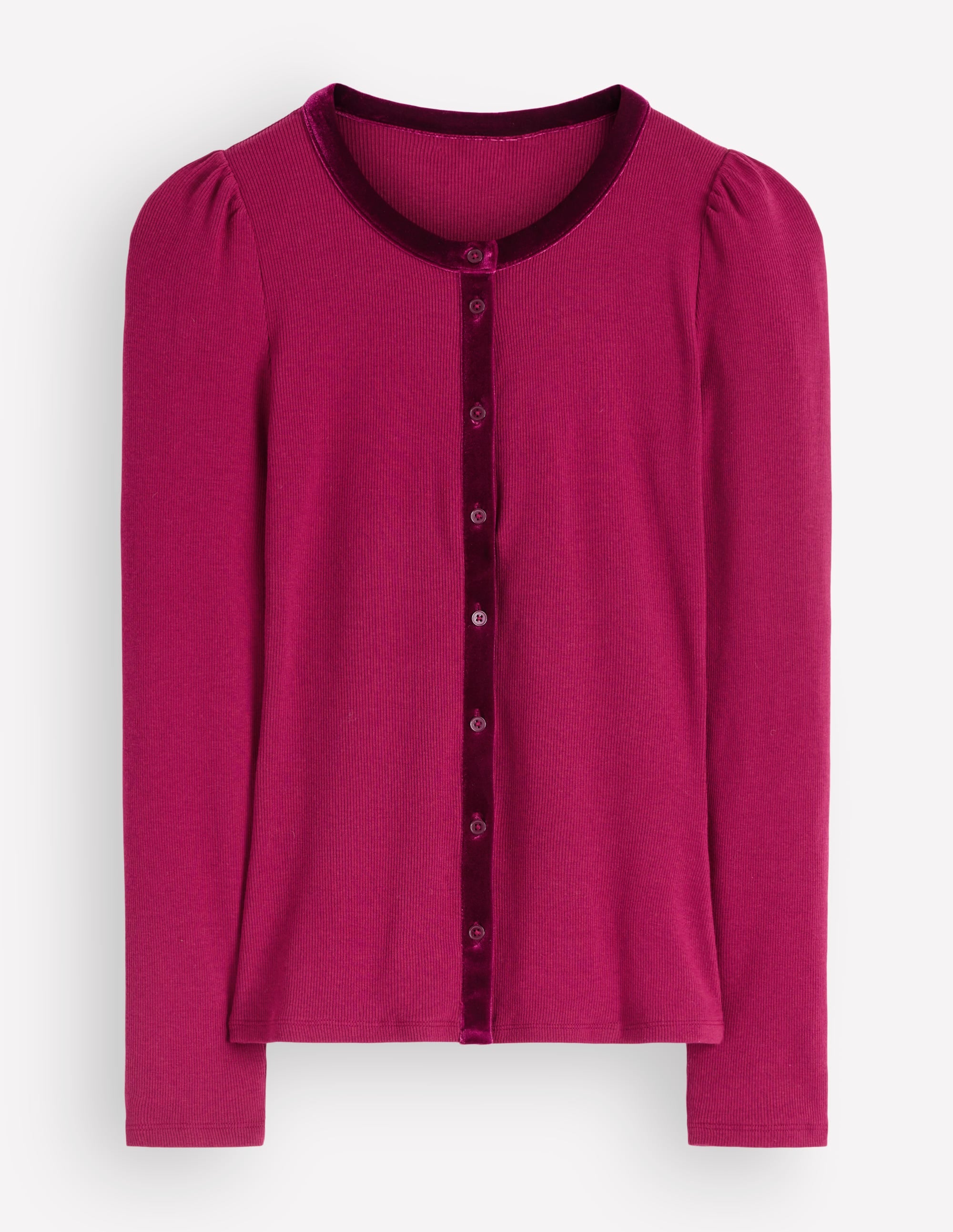 Velvet Trim Ribbed Cardigan-Beetroot Red - Image 6