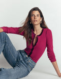 Velvet Trim Ribbed Cardigan-Beetroot Red