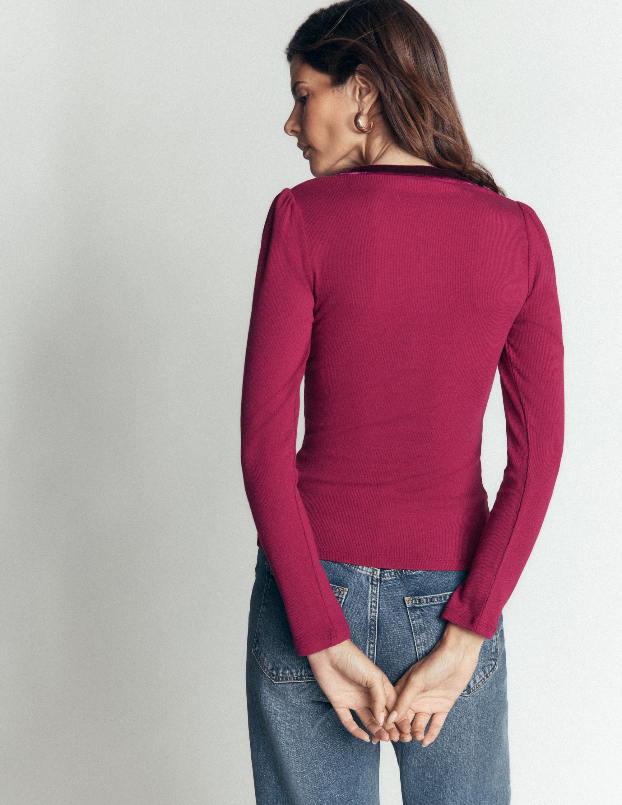 Velvet Trim Ribbed Cardigan-Beetroot Red - Image 3
