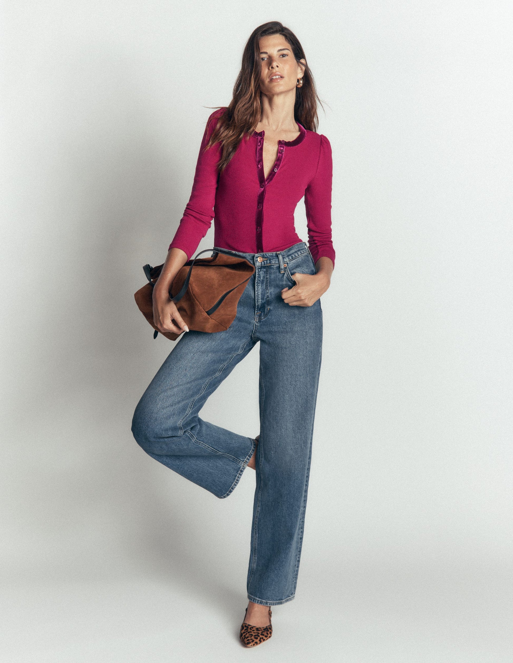 Velvet Trim Ribbed Cardigan-Beetroot Red-5