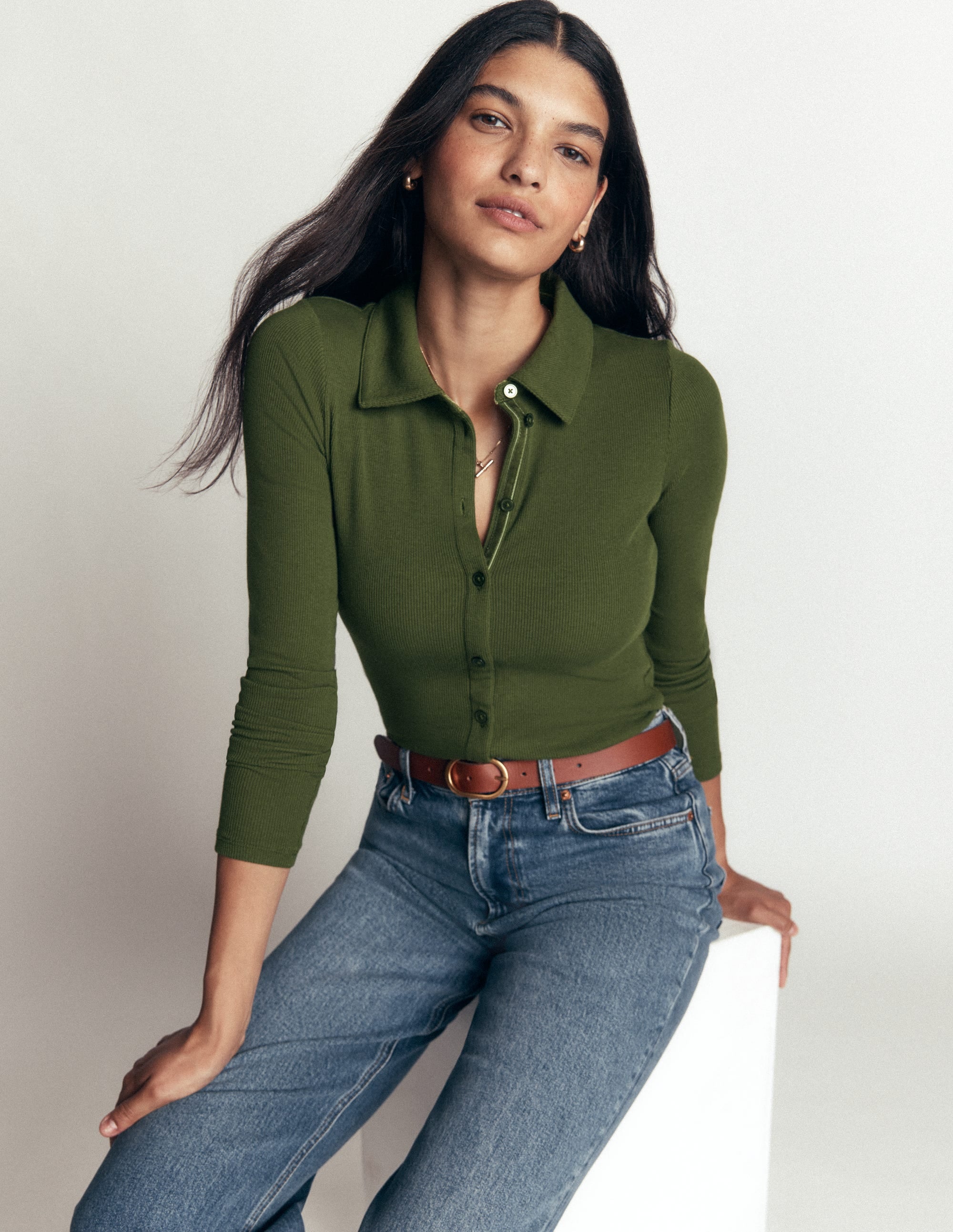 Jersey Velvet Ribbed Shirt-Forest Green - Image 1