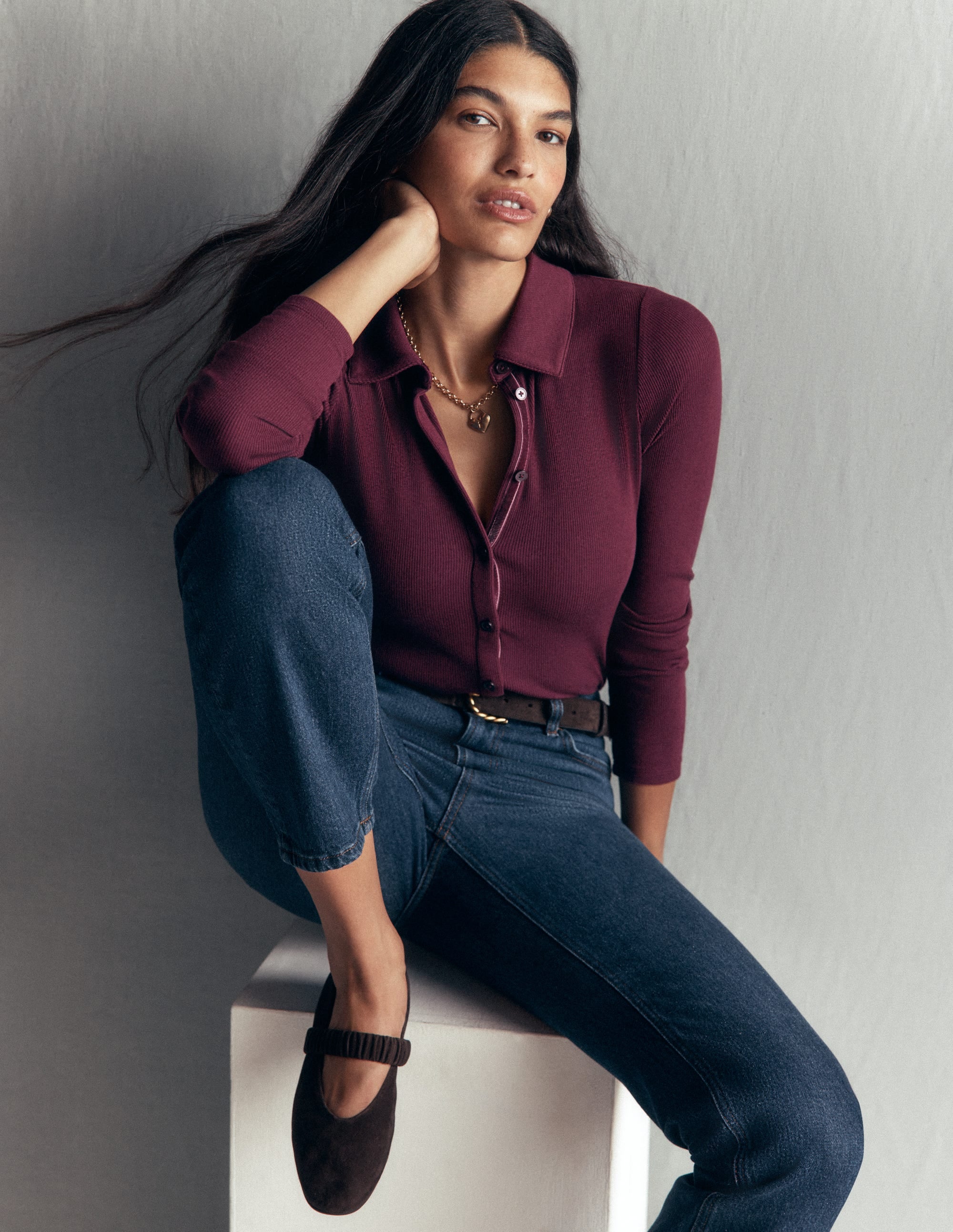 Jersey Velvet Ribbed Shirt-Dark Cherry - Image 1