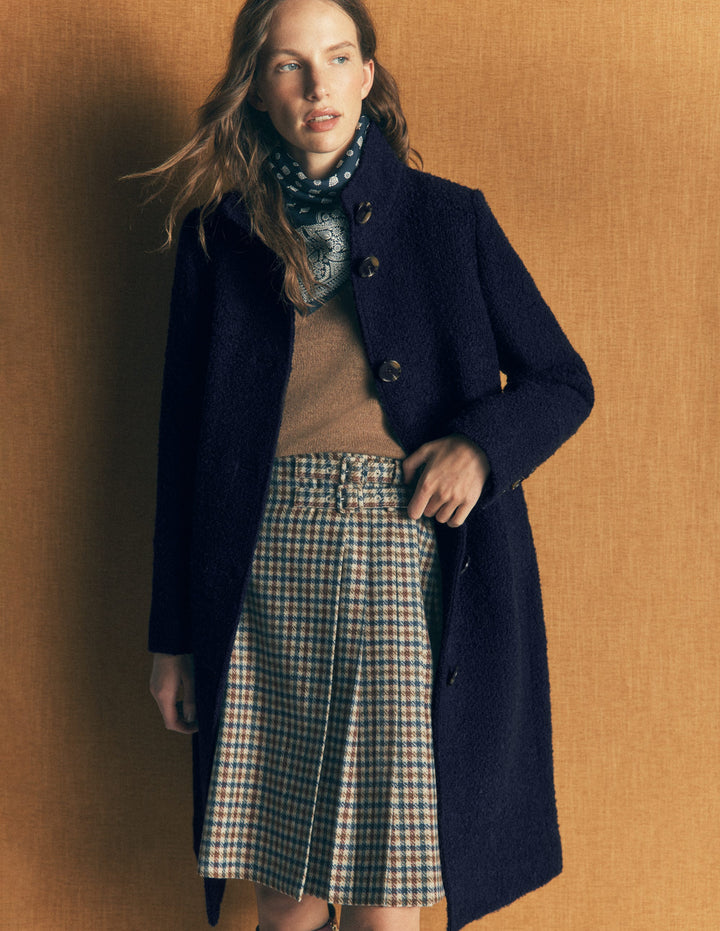Funnel Neck Wool Coat-Navy