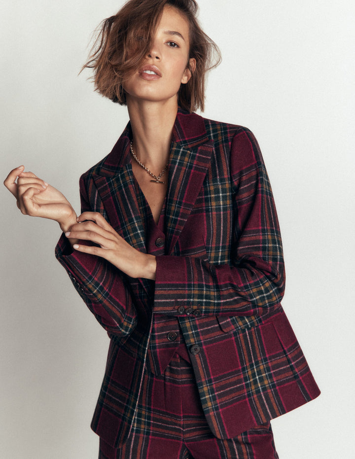 Stamford Wool Blazer-Maroon And Olive Check