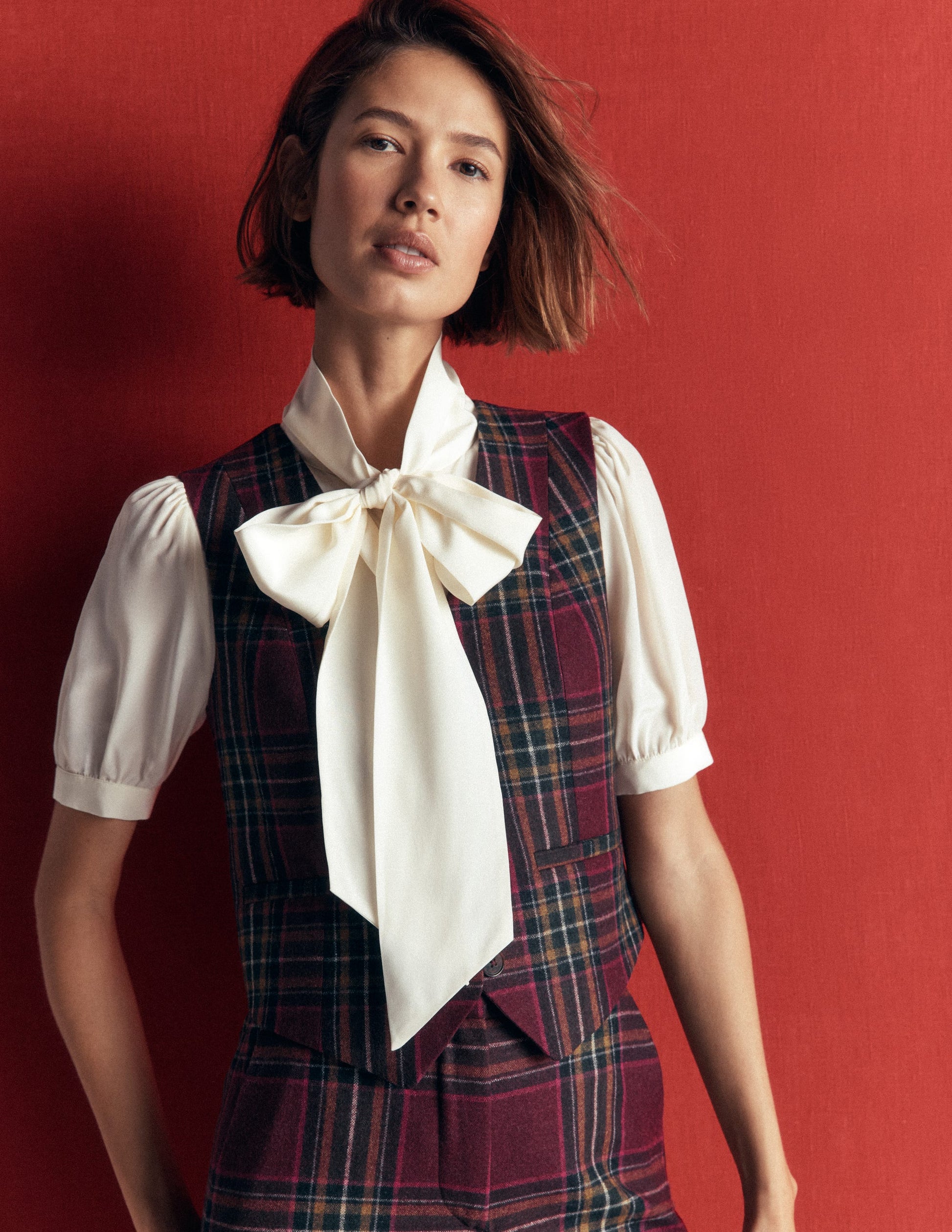 V Neck Wool Blend Waistcoat-Maroon and Olive Check-1