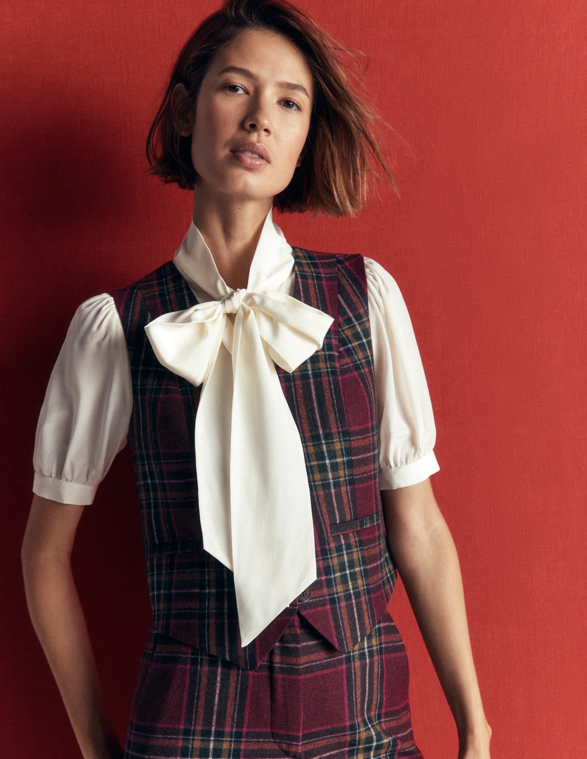 V Neck Wool Blend Waistcoat-Maroon and Olive Check - Image 1