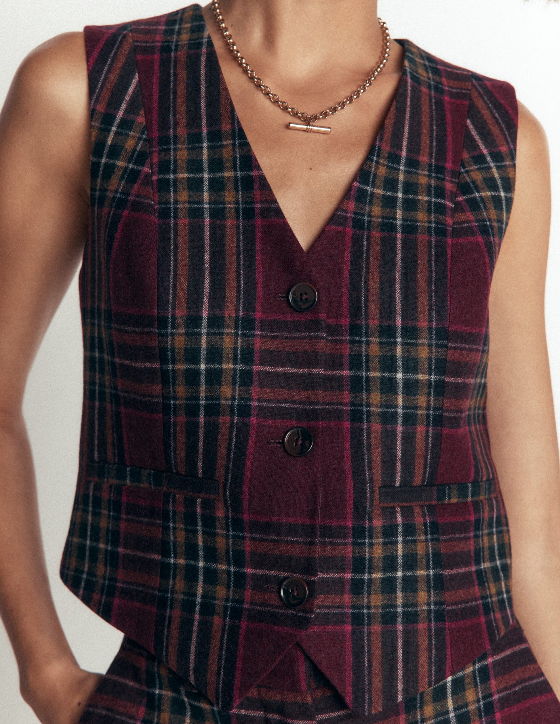 V Neck Wool Blend Waistcoat-Maroon and Olive Check-2