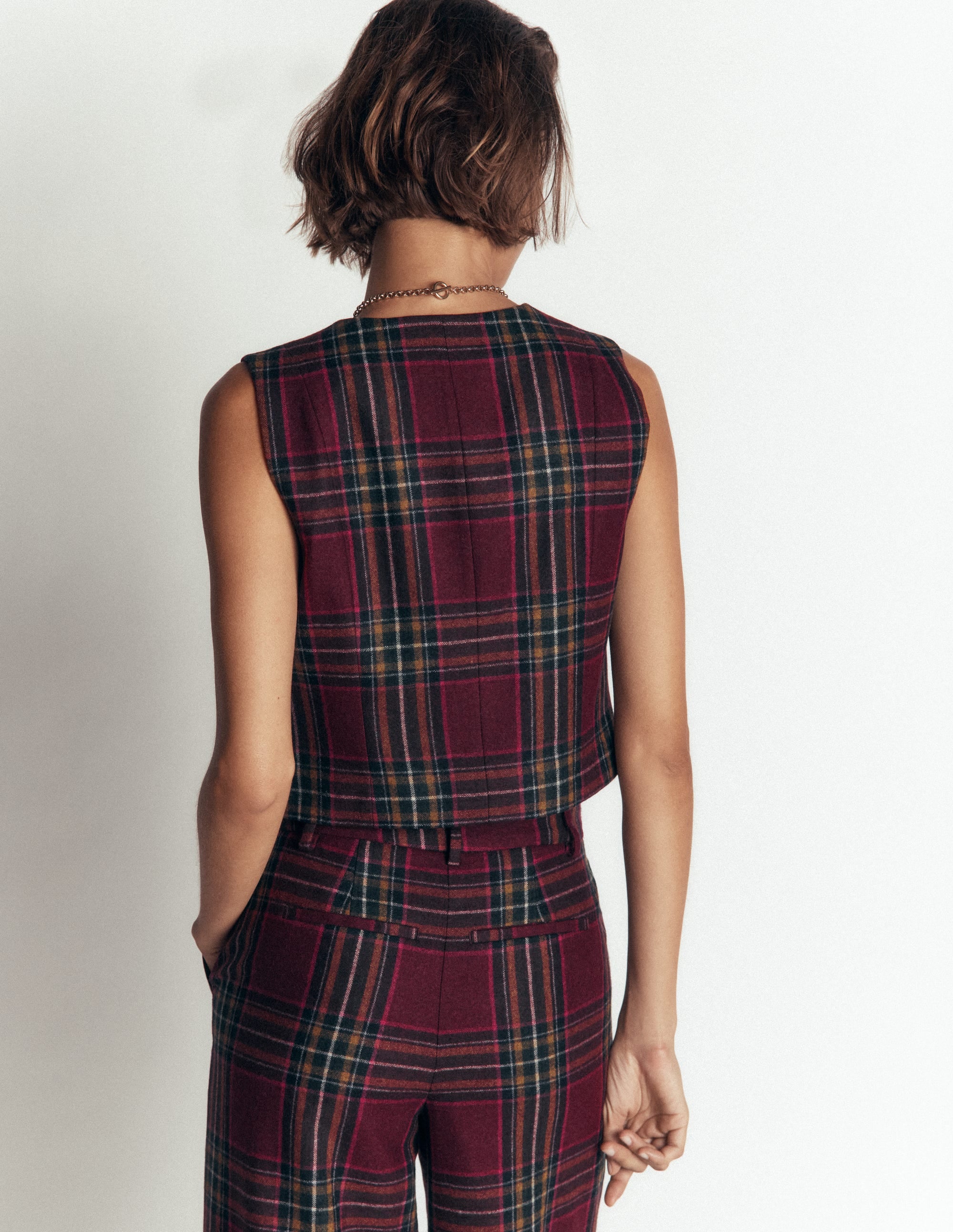 V Neck Wool Blend Waistcoat-Maroon and Olive Check - Image 3