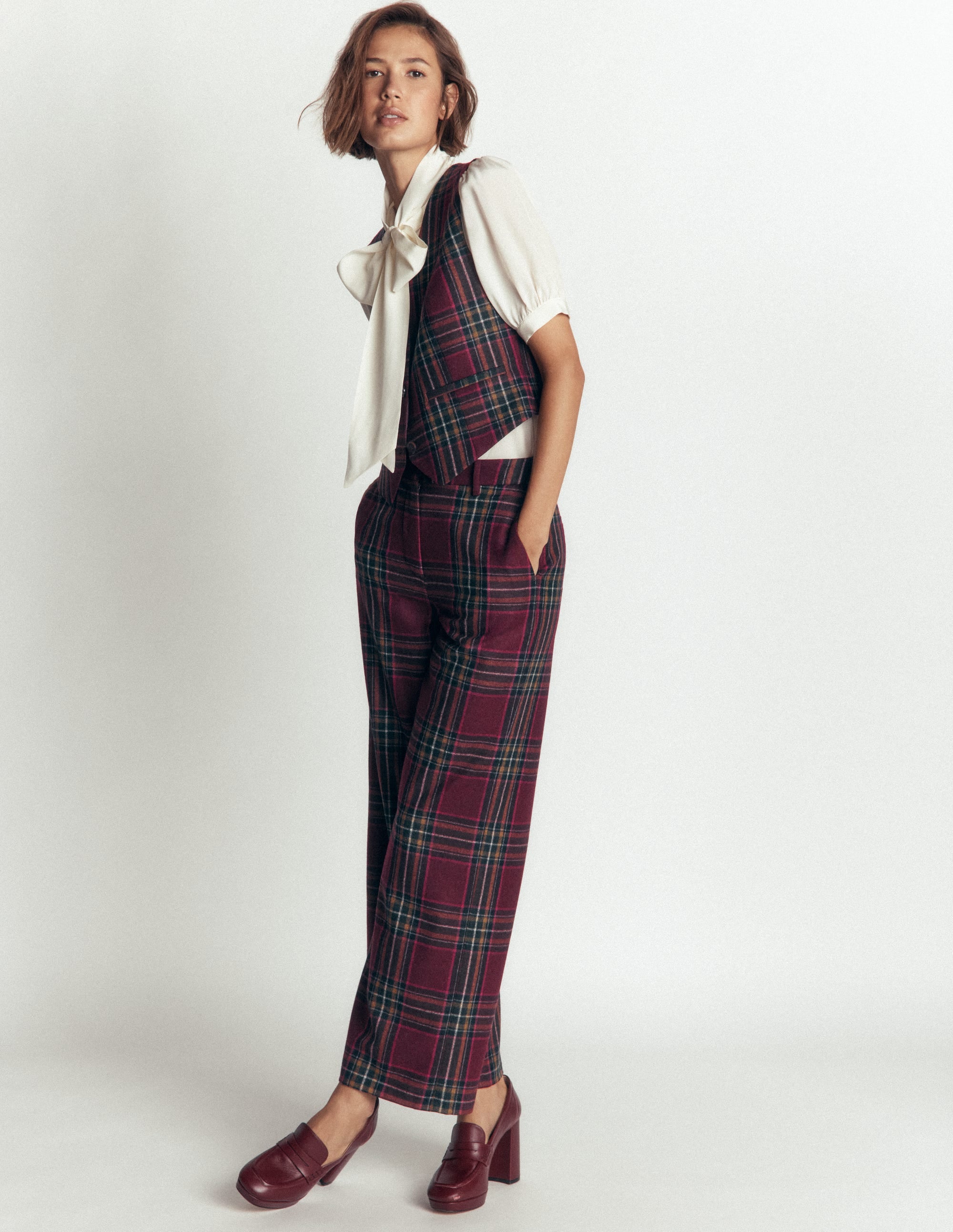 V Neck Wool Blend Waistcoat-Maroon and Olive Check - Image 4