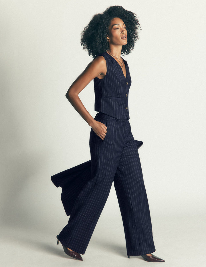 V Neck Wool Blend Waistcoat-Navy Pinstripe
