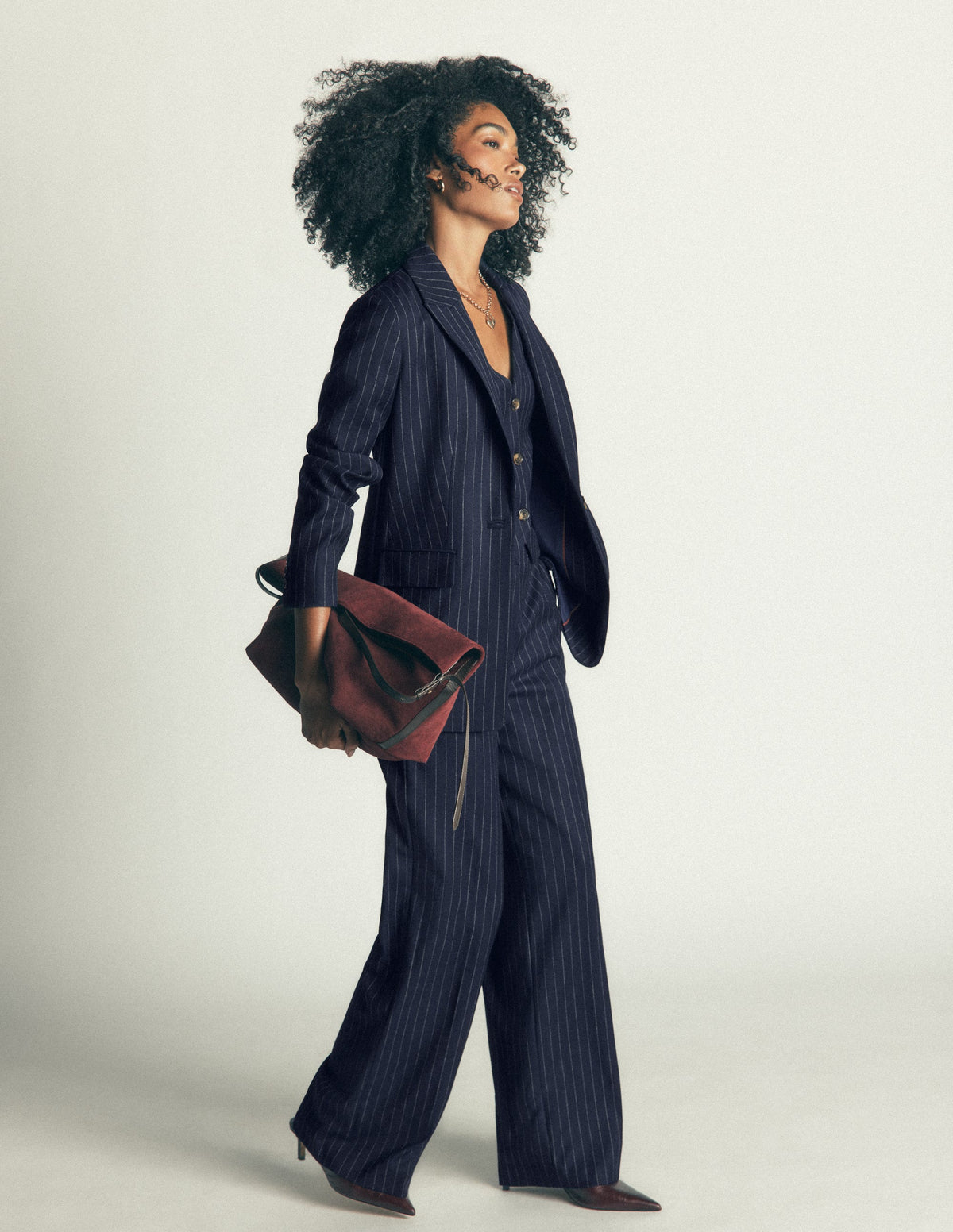 V Neck Wool Blend Waistcoat-Navy Pinstripe-6
