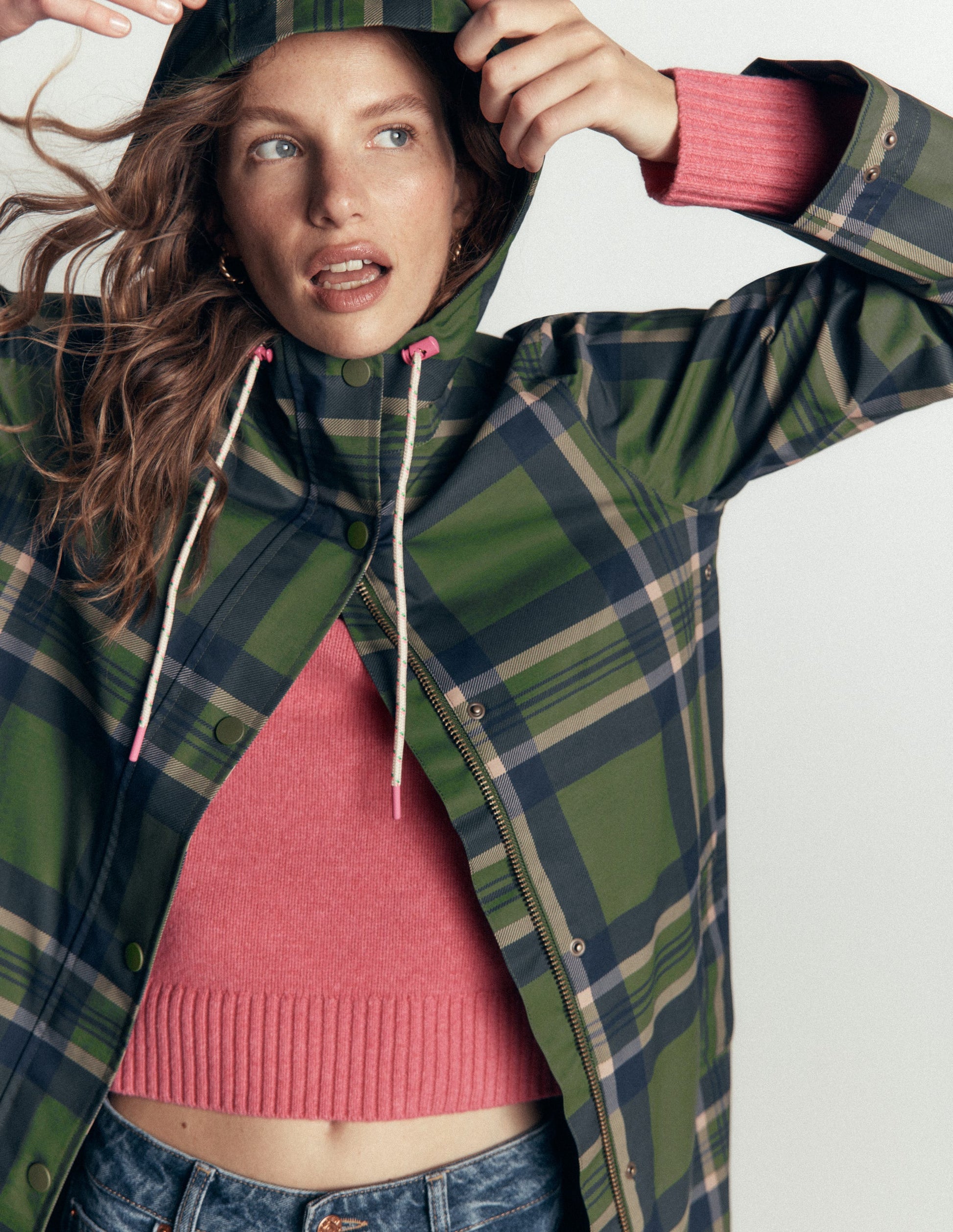 Longline Raincoat-Olive, Navy and Red Check-1