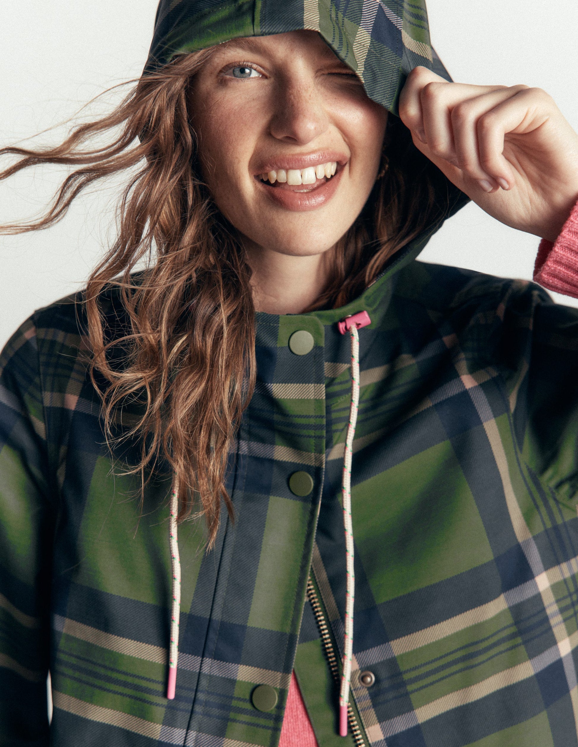 Longline Raincoat-Olive, Navy and Red Check-2