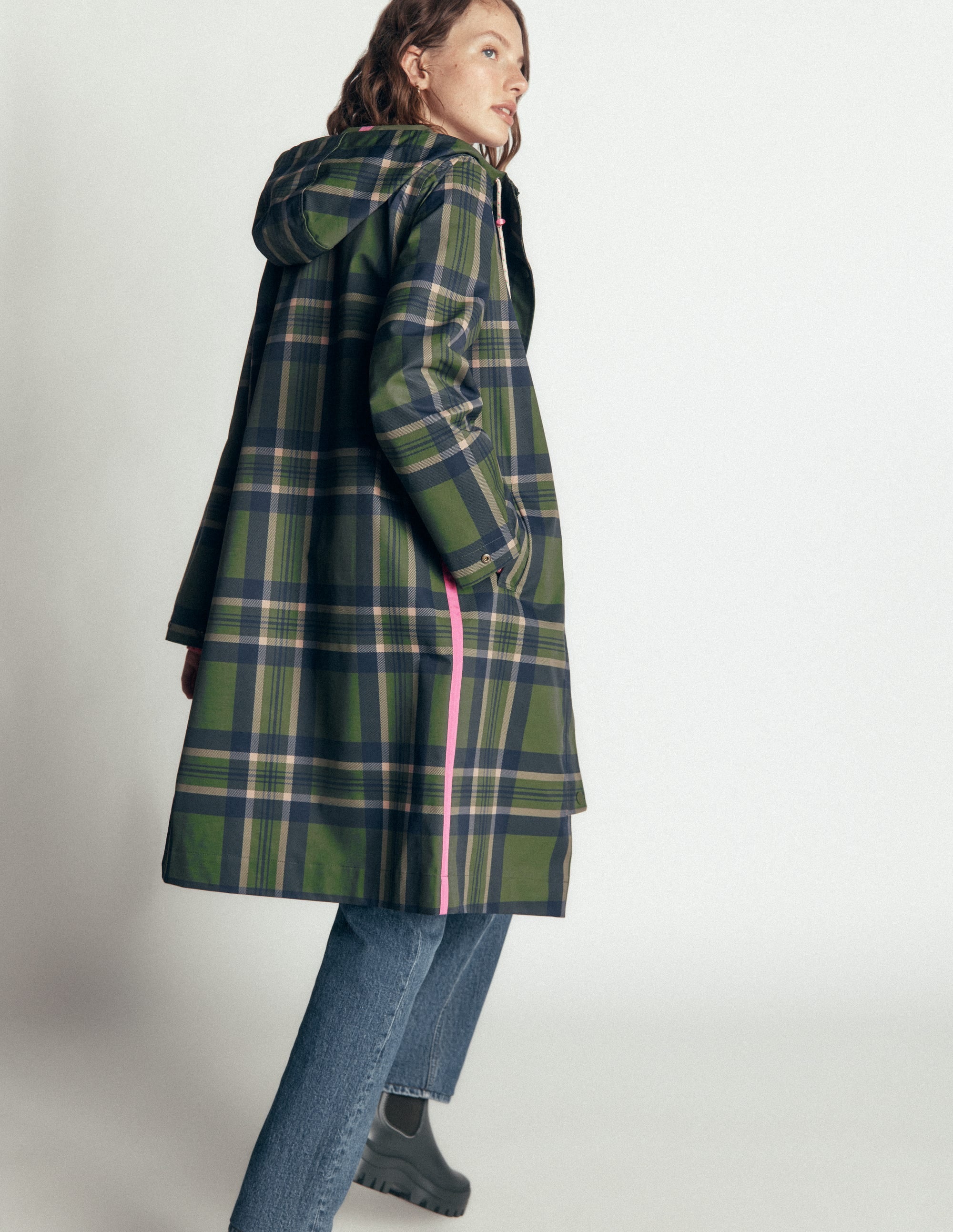 Longline Raincoat-Olive, Navy and Red Check - Image 3