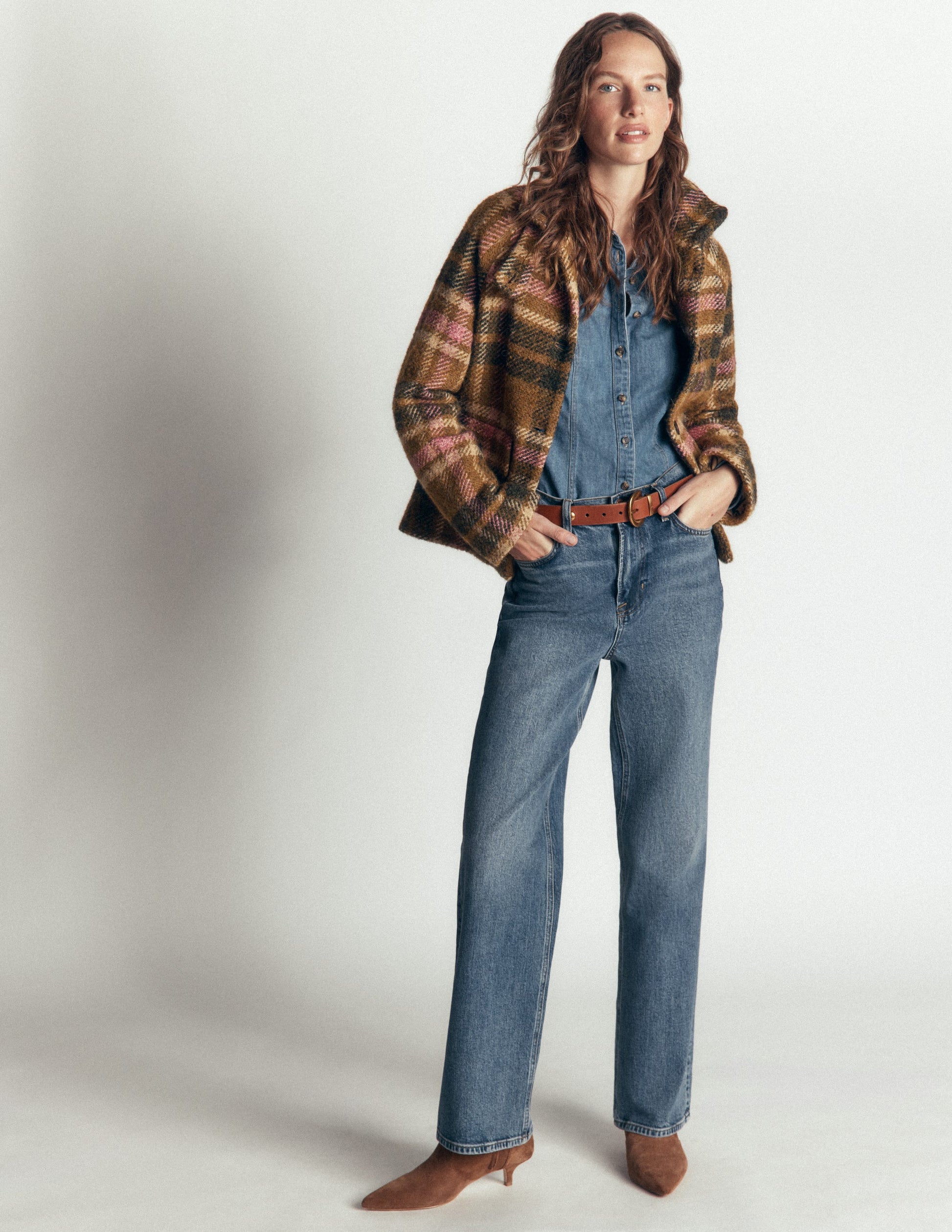 Short Funnel Neck Wool Coat-Green and Pink Check-5