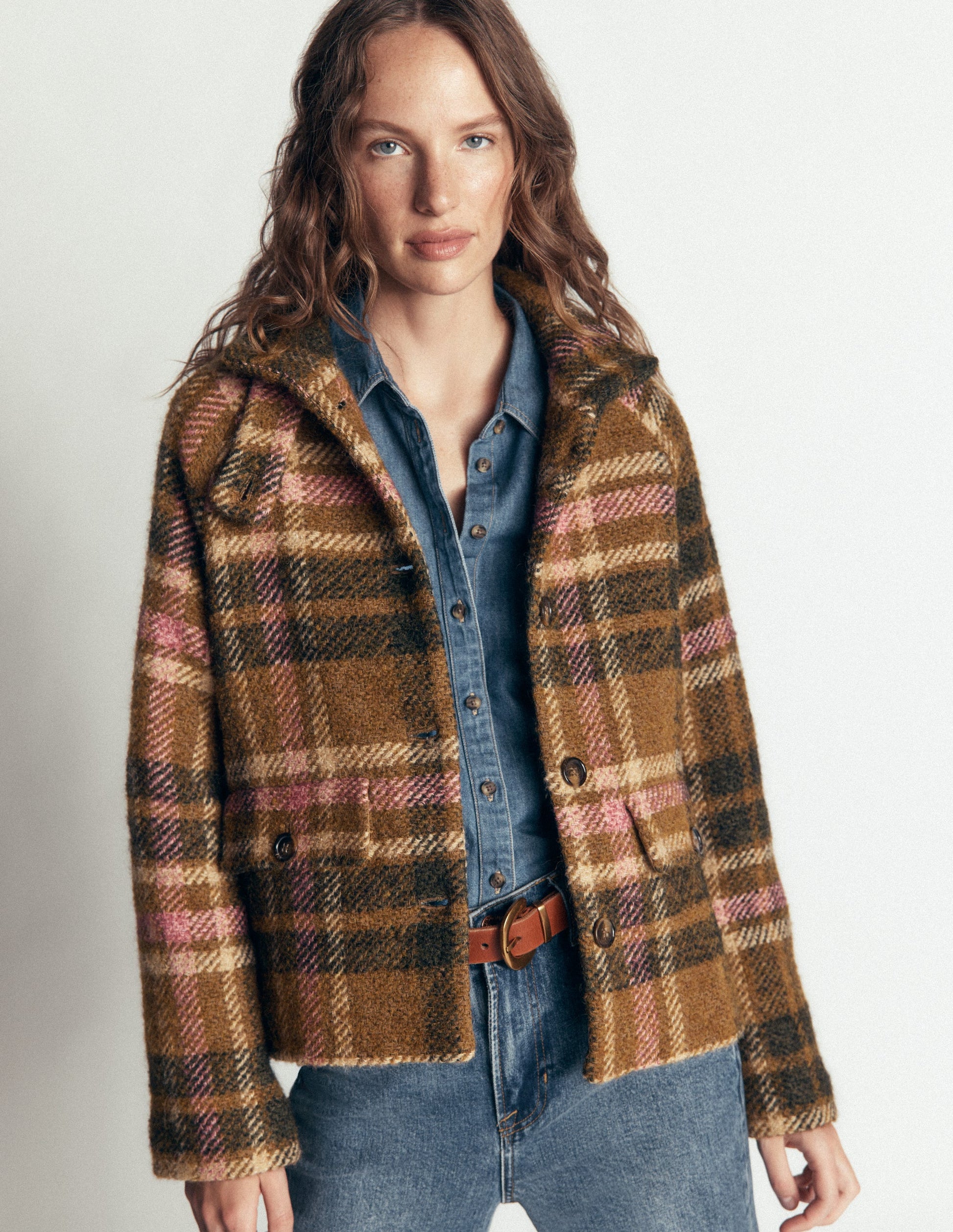 Short Funnel Neck Wool Coat-Green and Pink Check-6