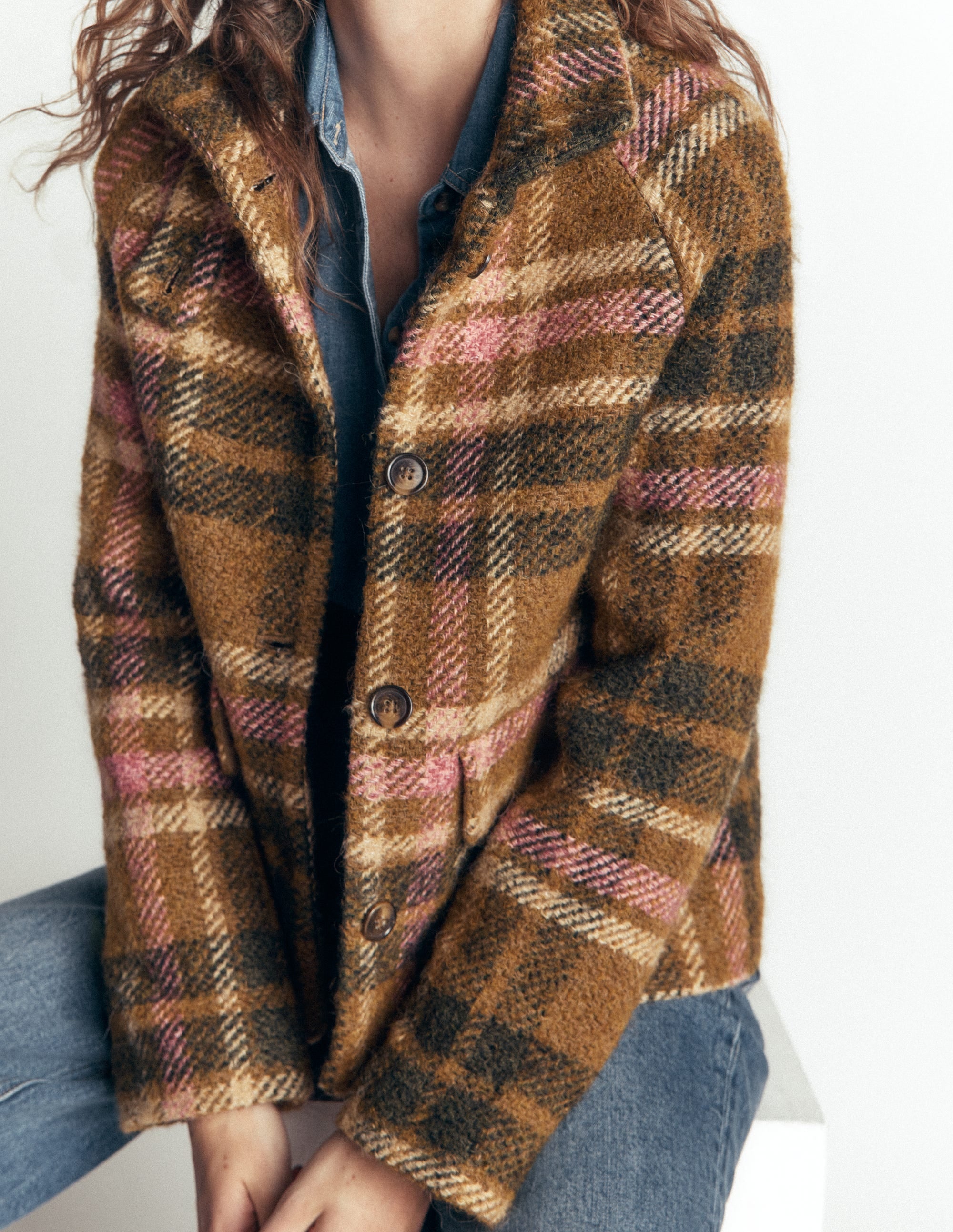 Short Funnel Neck Wool Coat-Green and Pink Check - Image 7