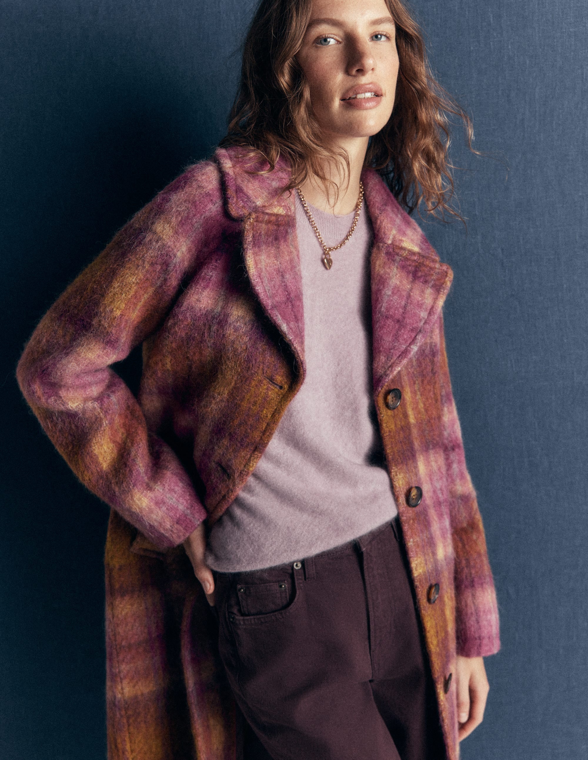 Cotswold Wool Coat-Camel, Pink Check - Image 3