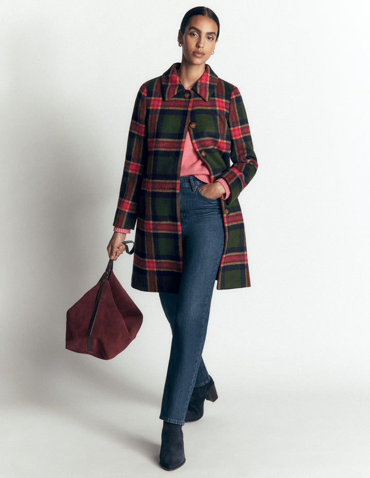 Aylesford Wool Coat-Olive, Navy and Red Check