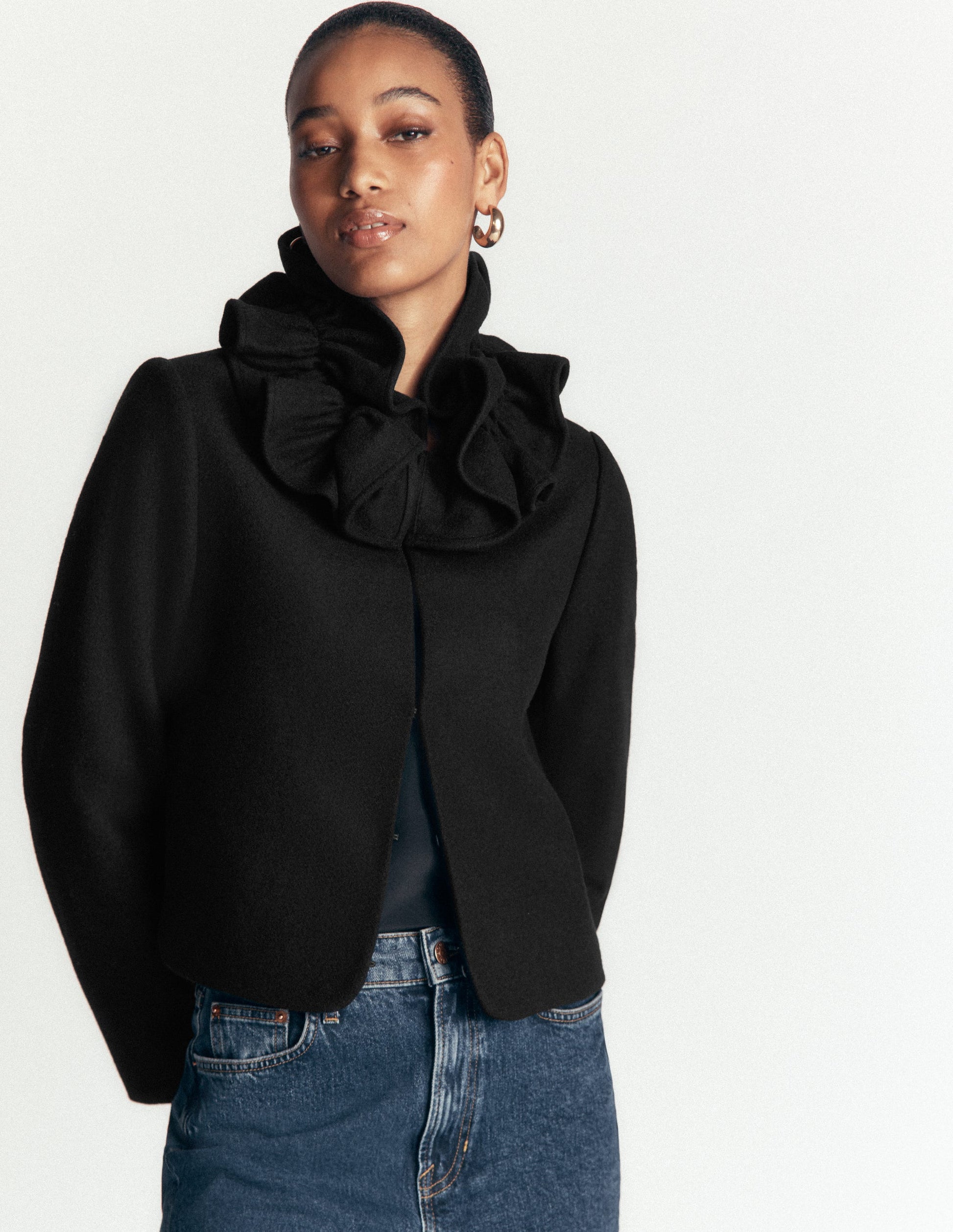 Ruffle Neck Wool Jacket-Black-2