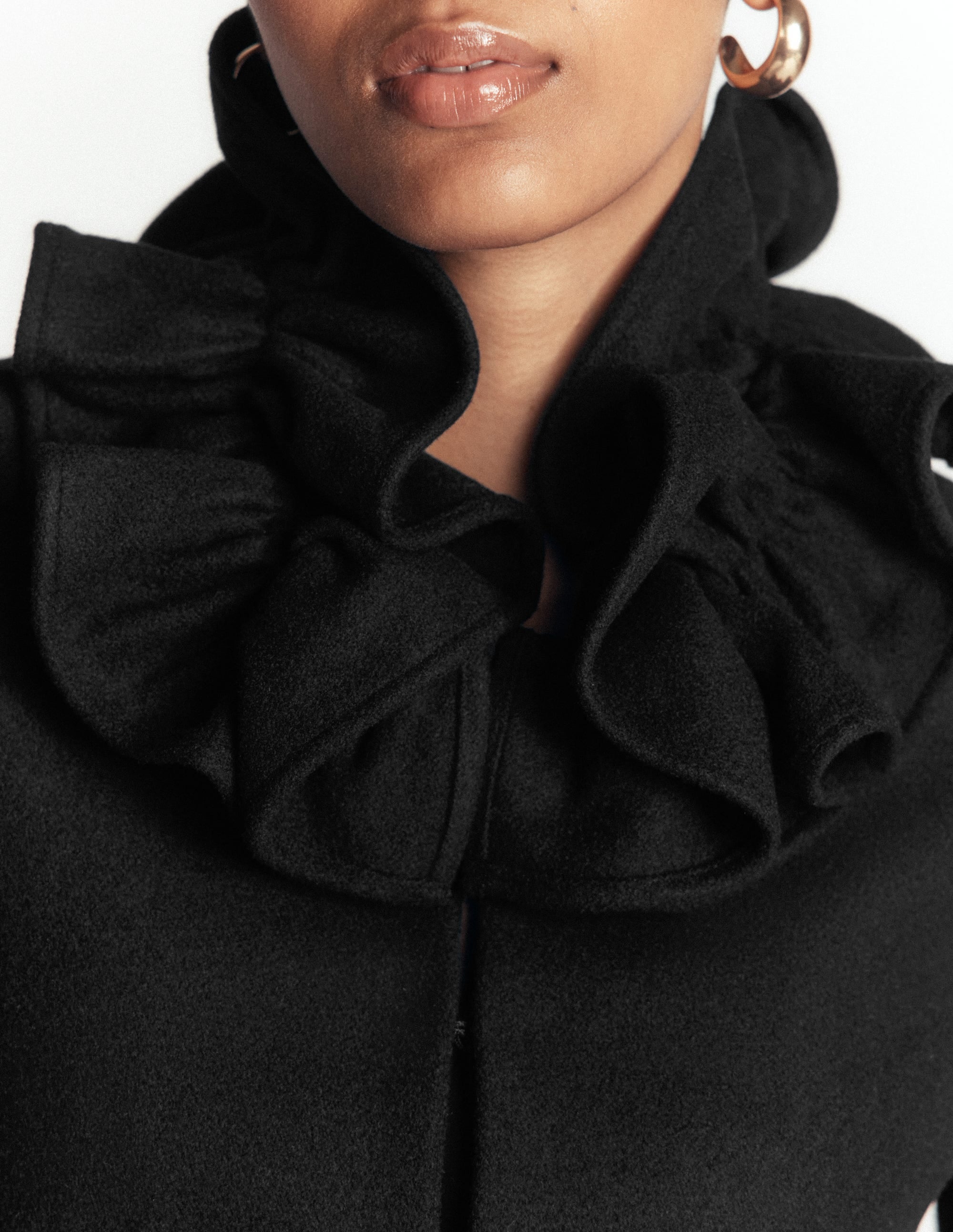 Ruffle Neck Wool Jacket-Black - Image 3