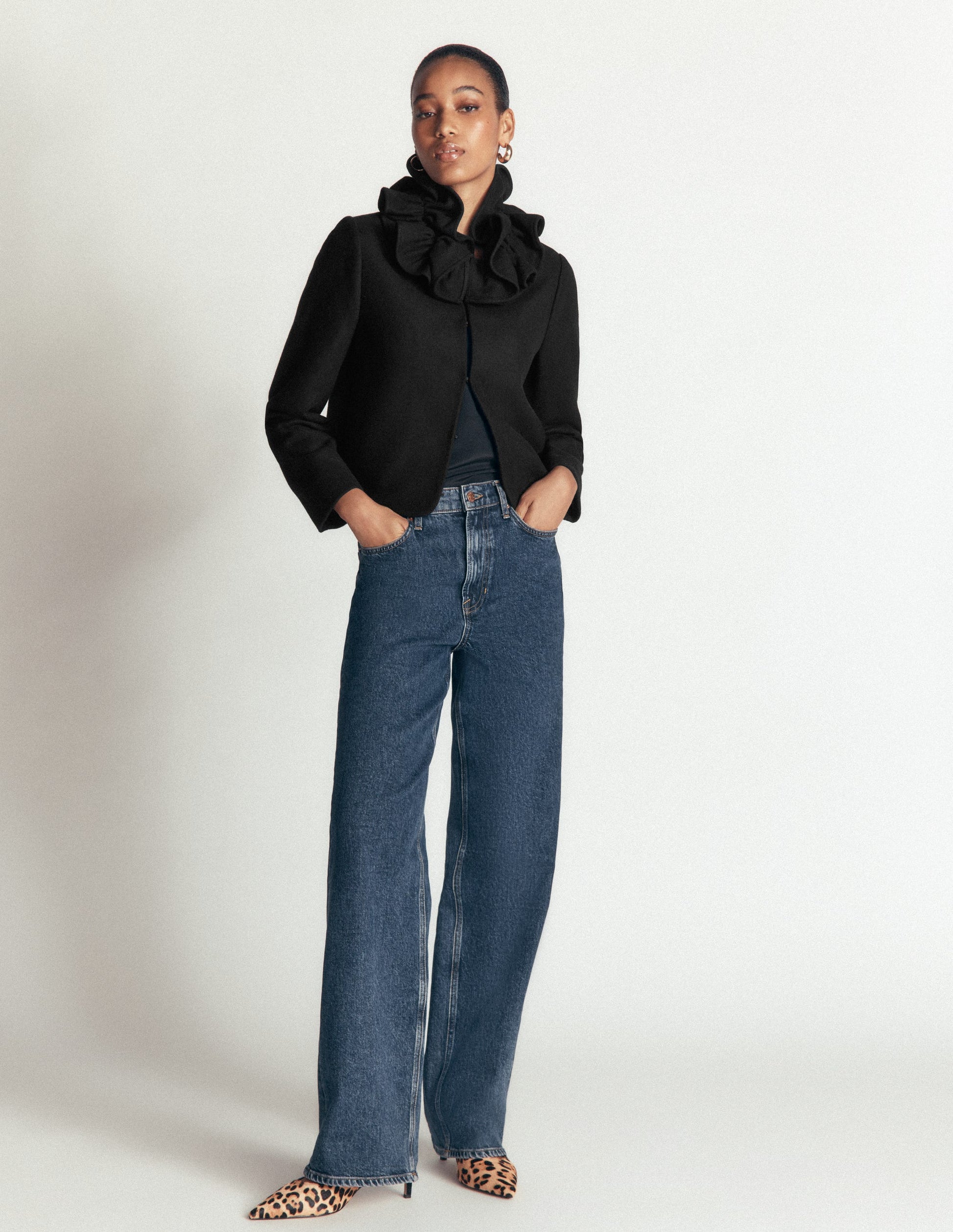 Ruffle Neck Wool Jacket-Black-5