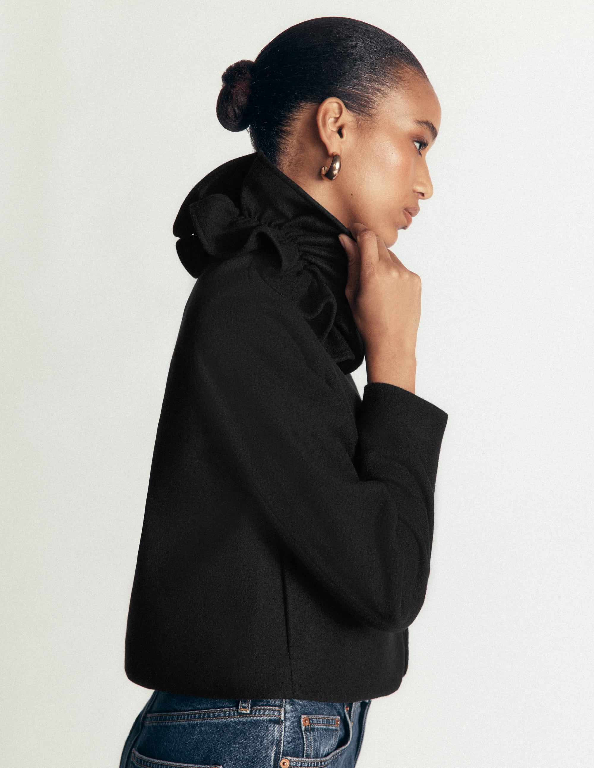 Ruffle Neck Wool Jacket-Black - Image 6