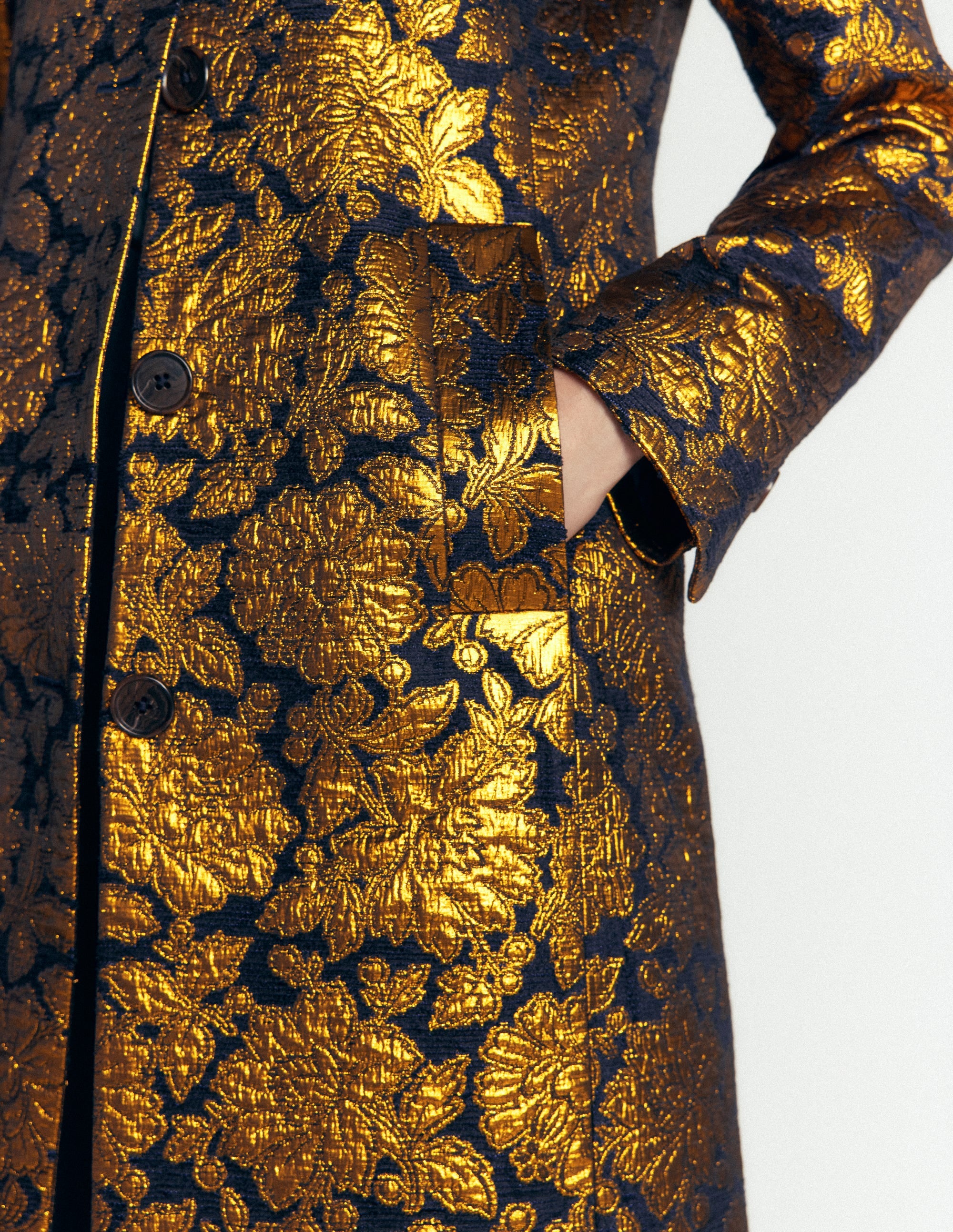 Aylesford Jacquard Coat-Gold Floral Jacquard - Image 3